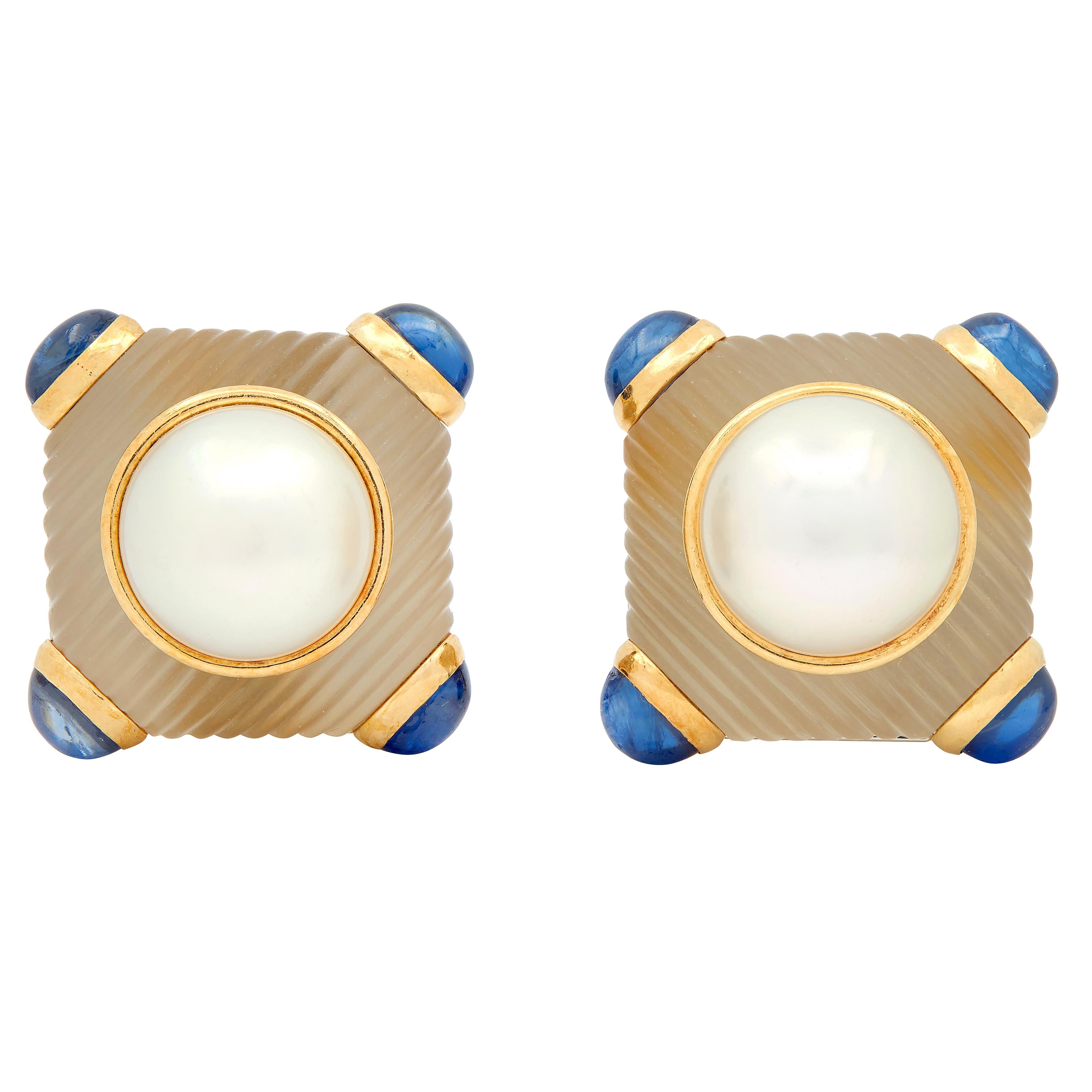 Bulgari 1980's Pearl Sapphire Quartz 18K Gold Vintage Ear-Clip Earrings
