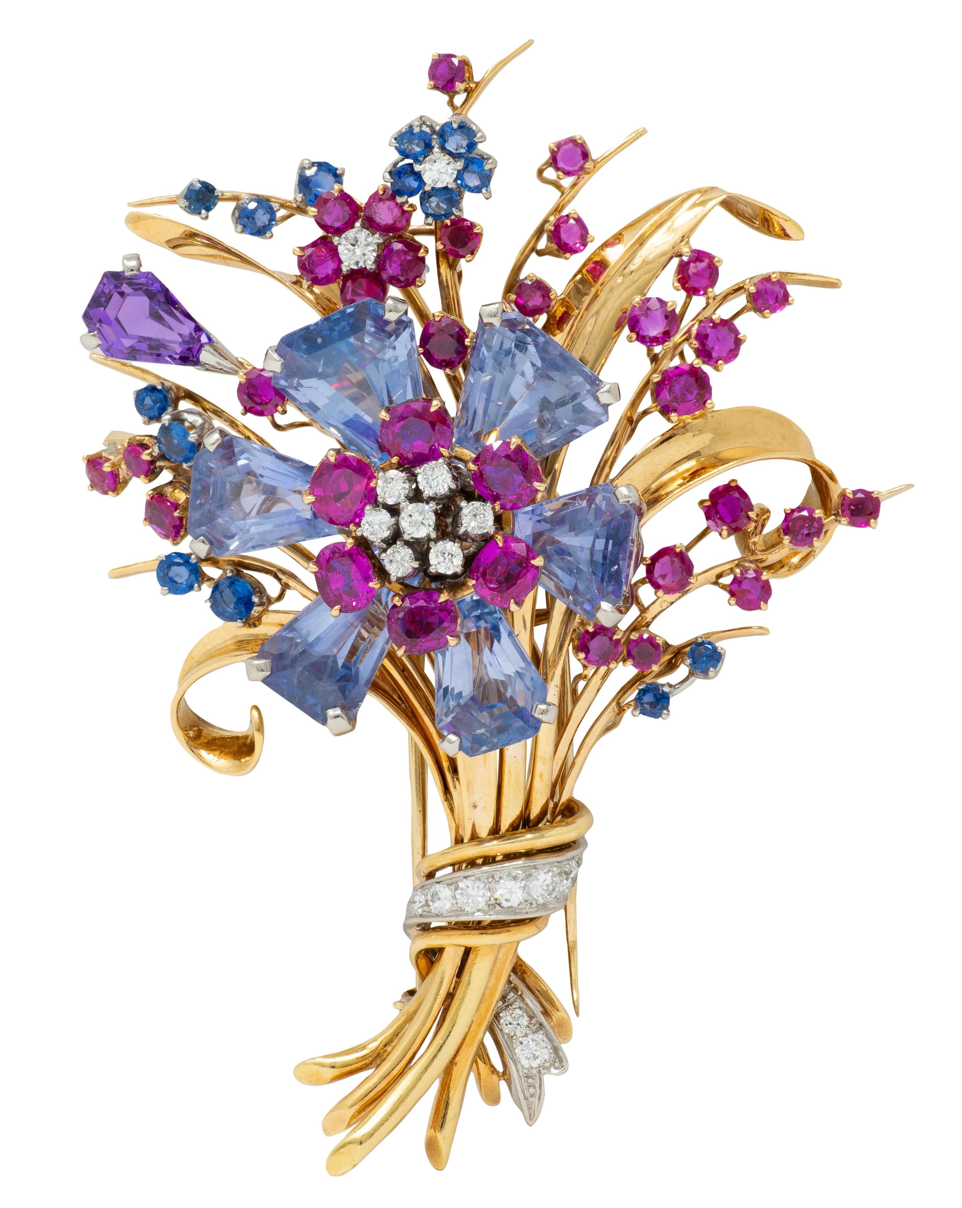 Tiffany & Co. Retro Sapphire Ruby Diamond 18K Gold Vintage Floral Spray Brooch