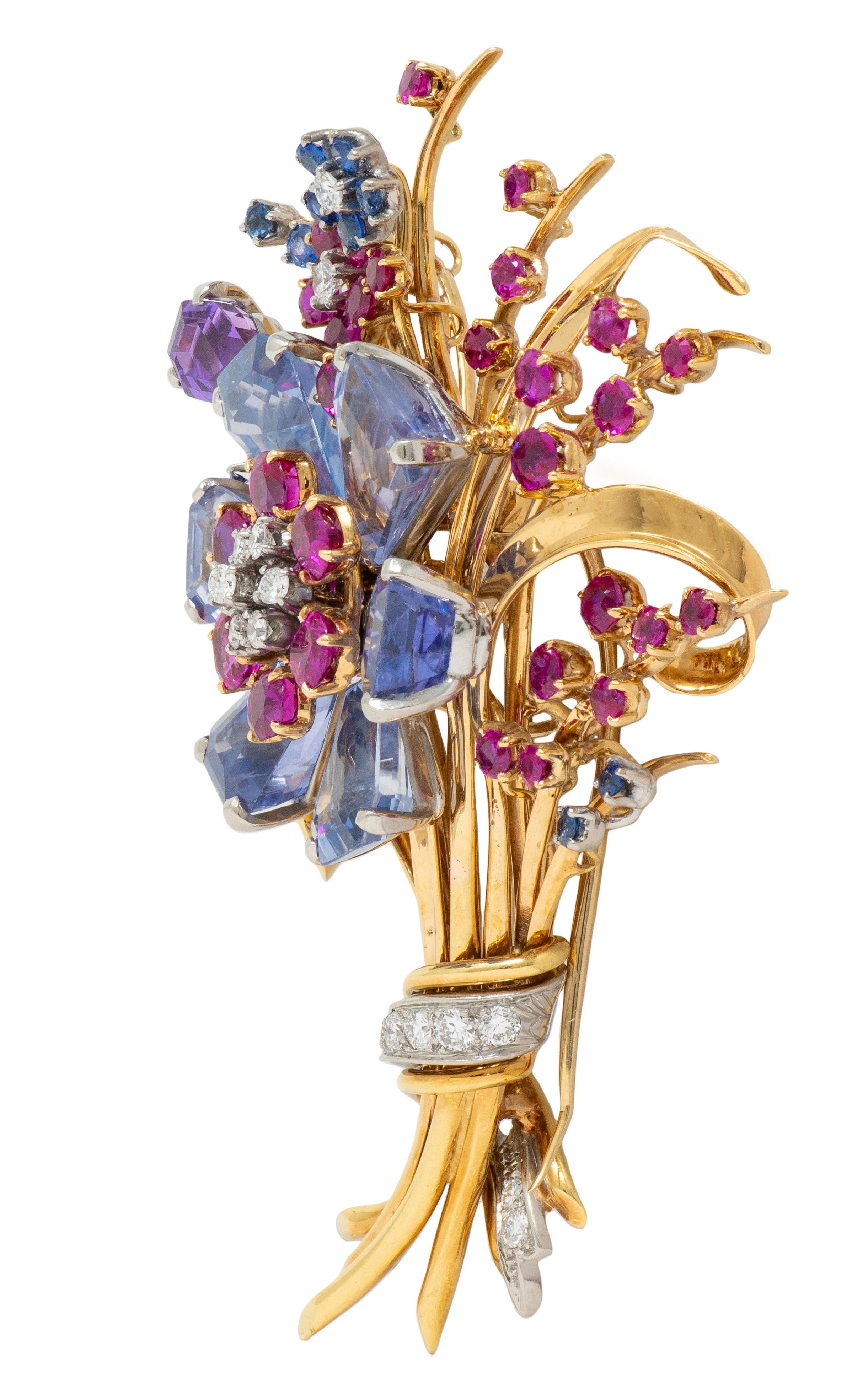 Tiffany & Co. Retro Sapphire Ruby Diamond 18K Gold Vintage Floral Spray Brooch