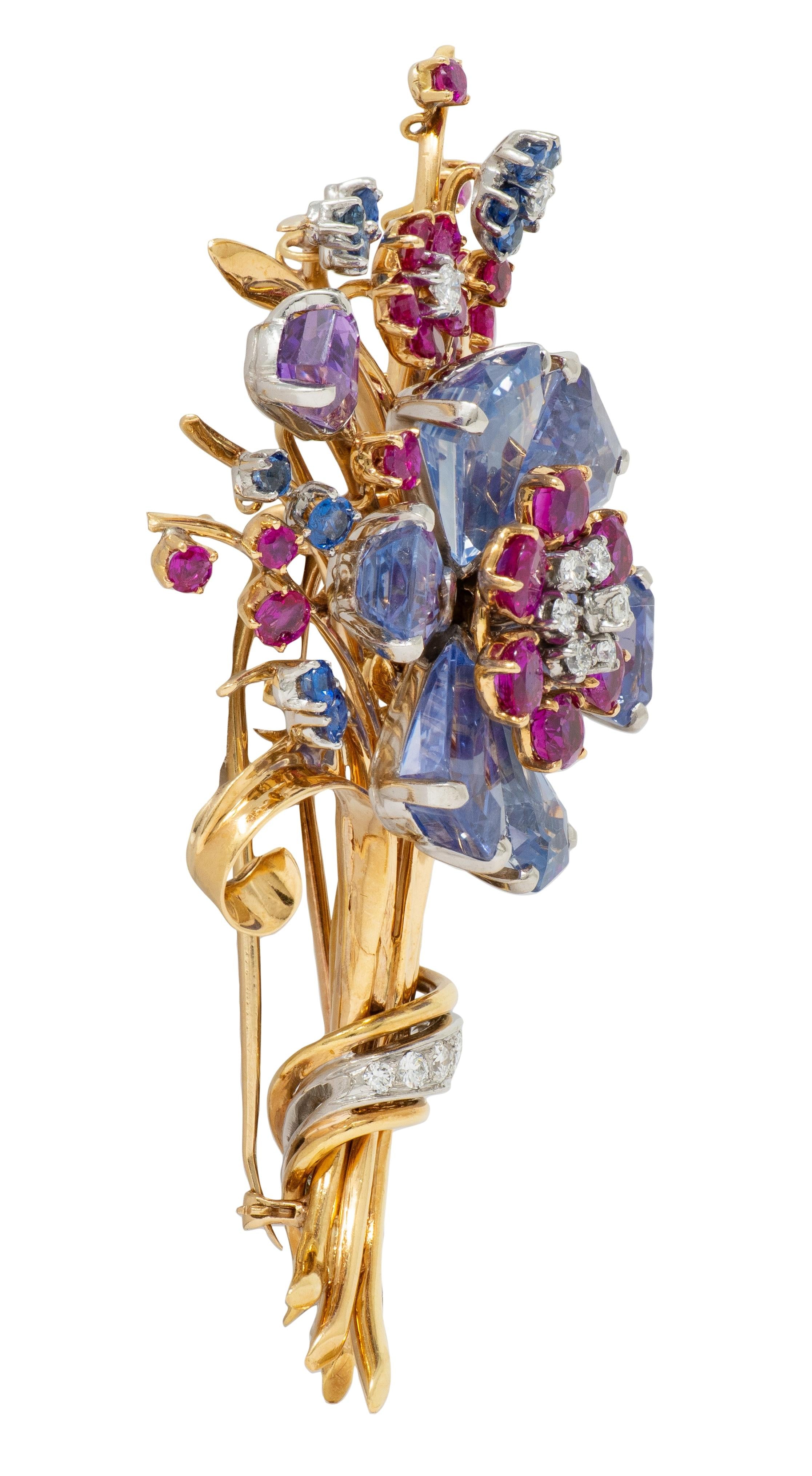 Tiffany & Co. Retro Sapphire Ruby Diamond 18K Gold Vintage Floral Spray Brooch