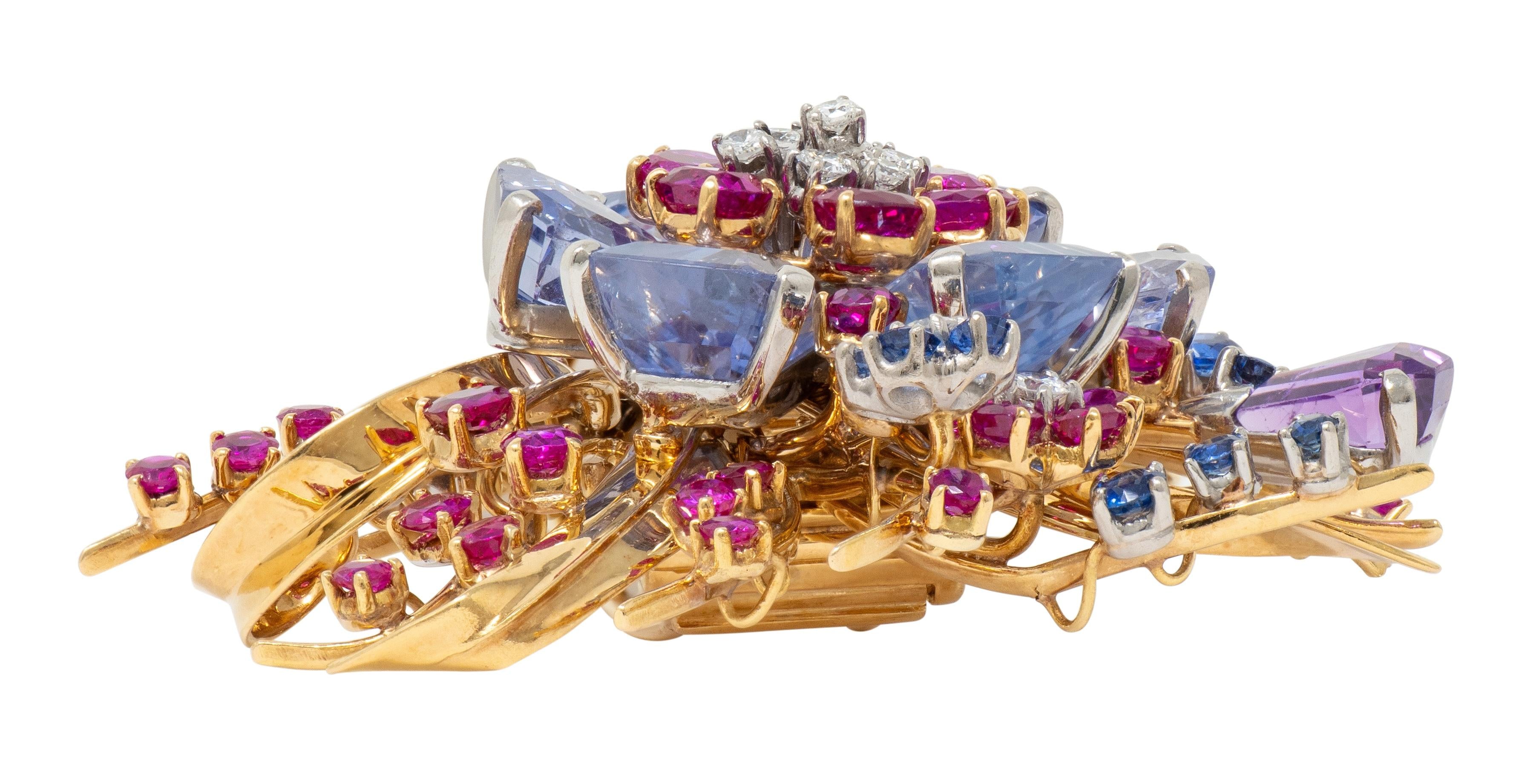 Tiffany & Co. Retro Sapphire Ruby Diamond 18K Gold Vintage Floral Spray Brooch