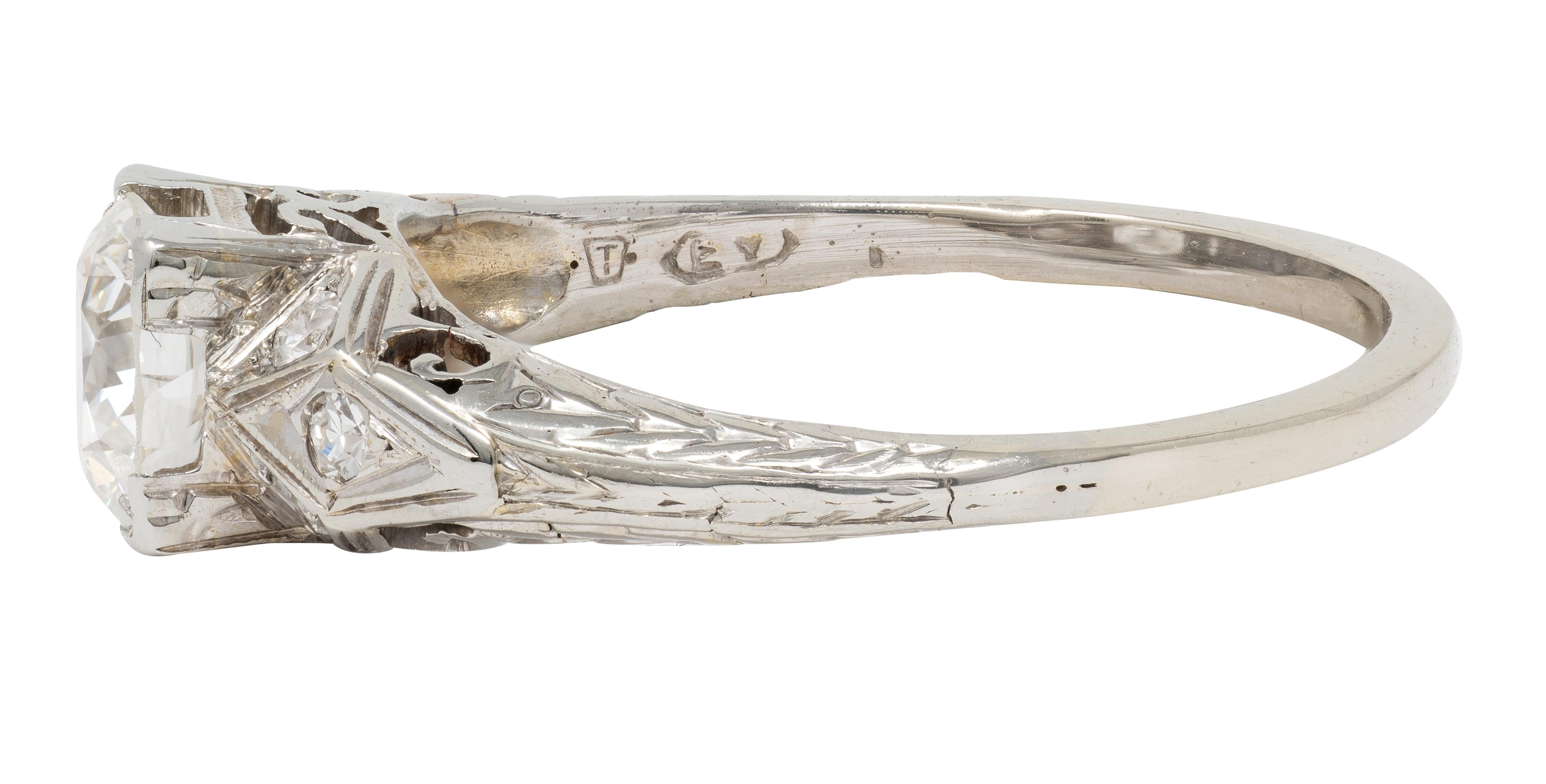 Art Deco 0.88 CTW European Diamond 18K White Gold Vintage Scroll Engagement Ring