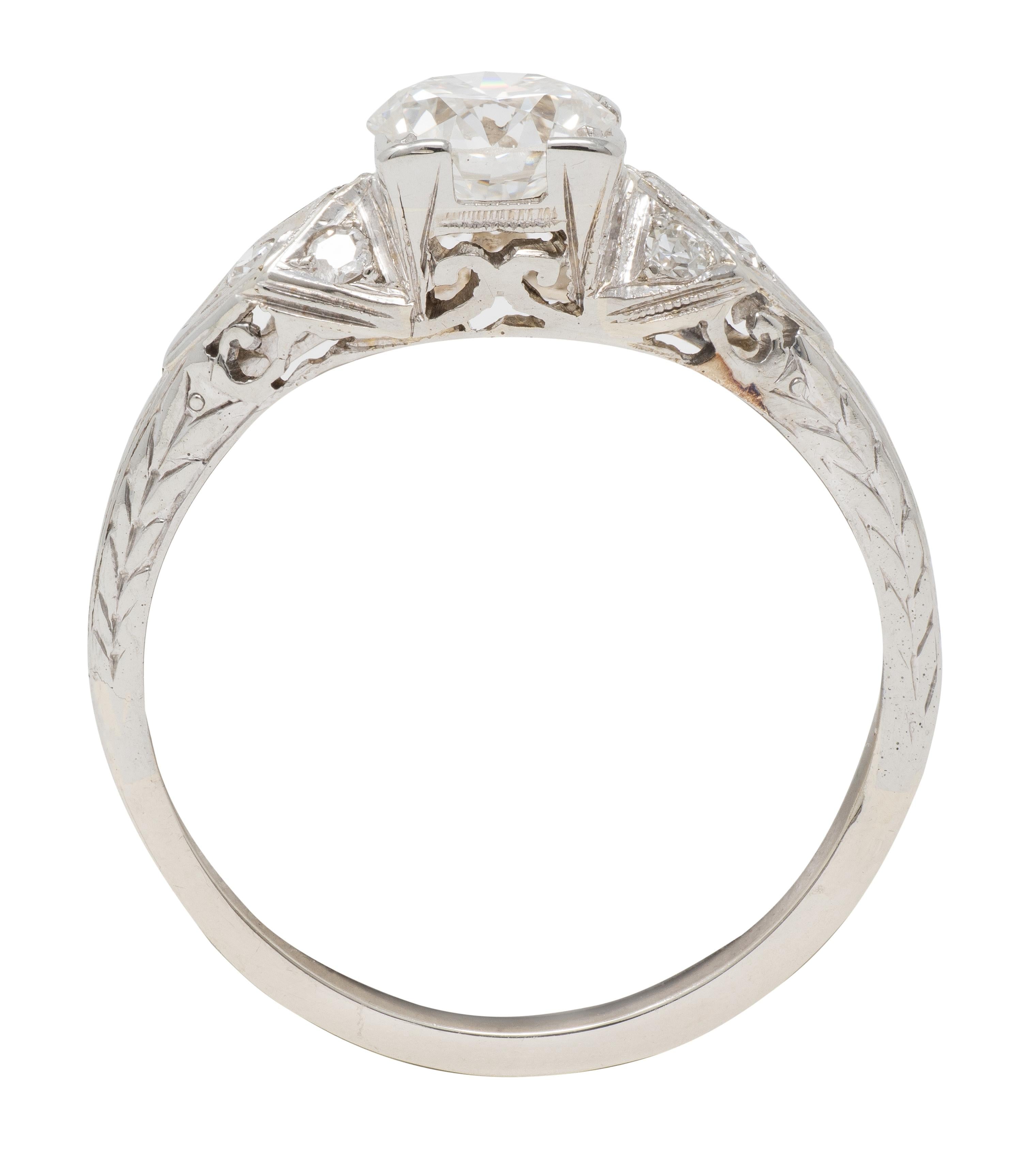 Art Deco 0.88 CTW European Diamond 18K White Gold Vintage Scroll Engagement Ring