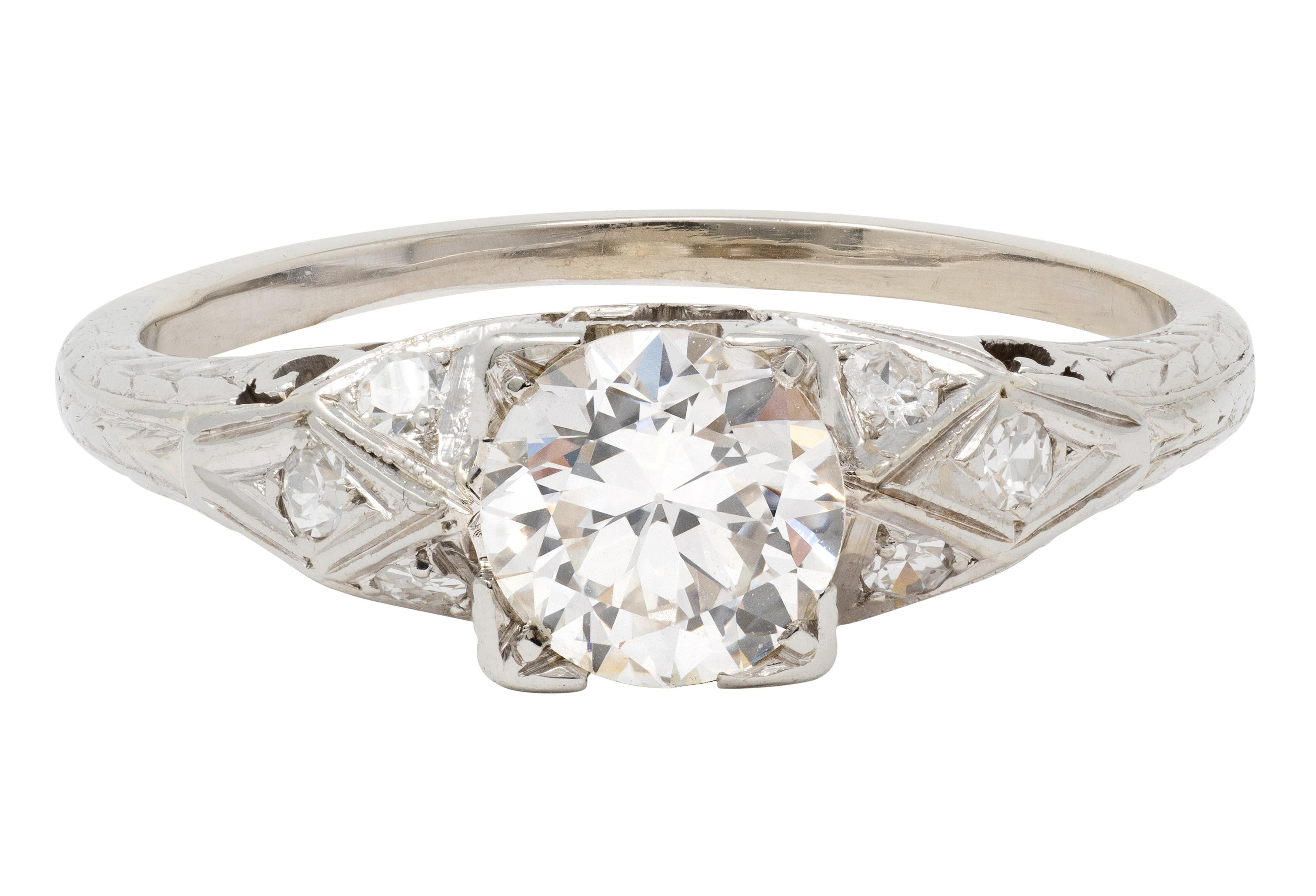 Art Deco 0.88 CTW European Diamond 18K White Gold Vintage Scroll Engagement Ring