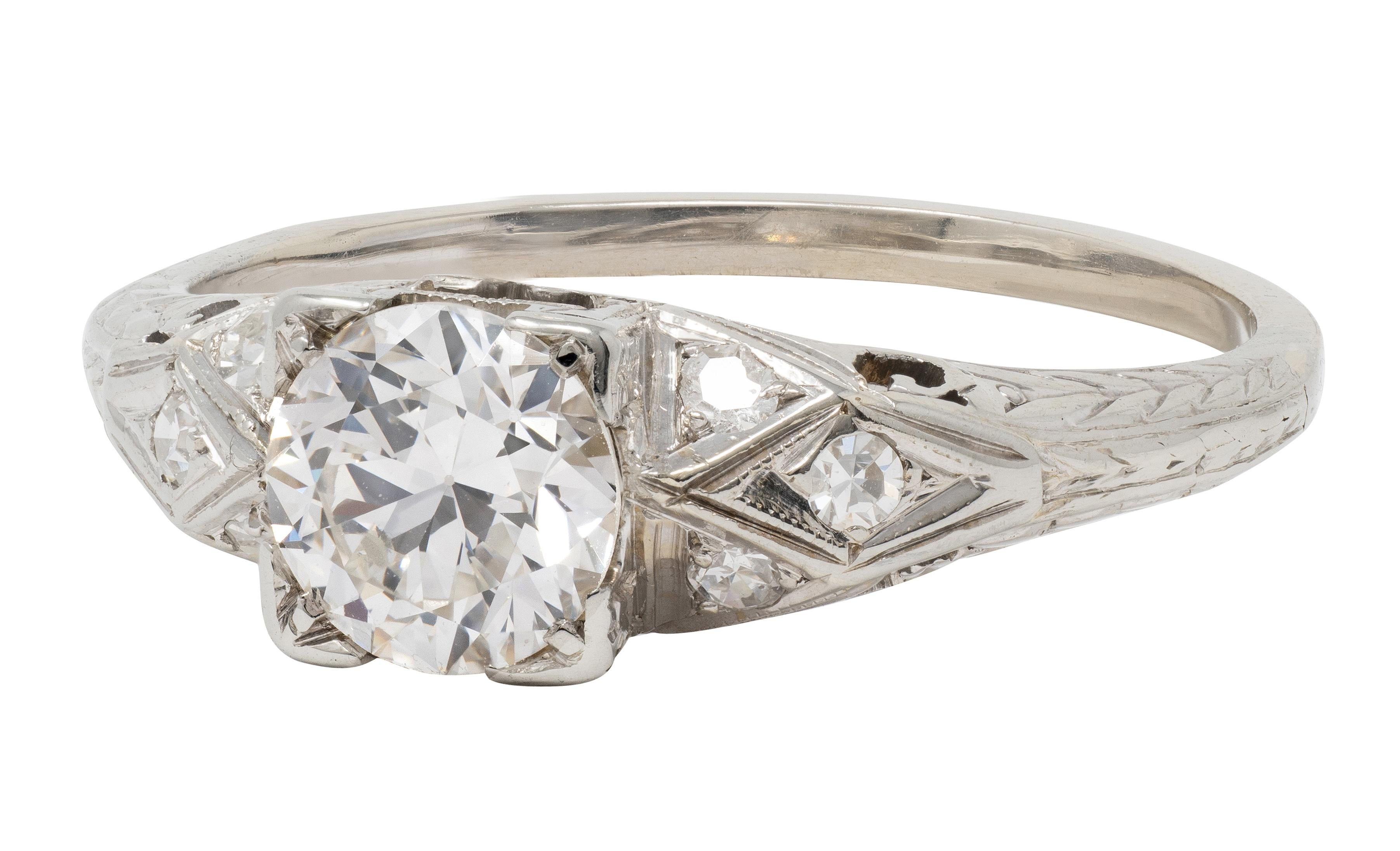 Art Deco 0.88 CTW European Diamond 18K White Gold Vintage Scroll Engagement Ring