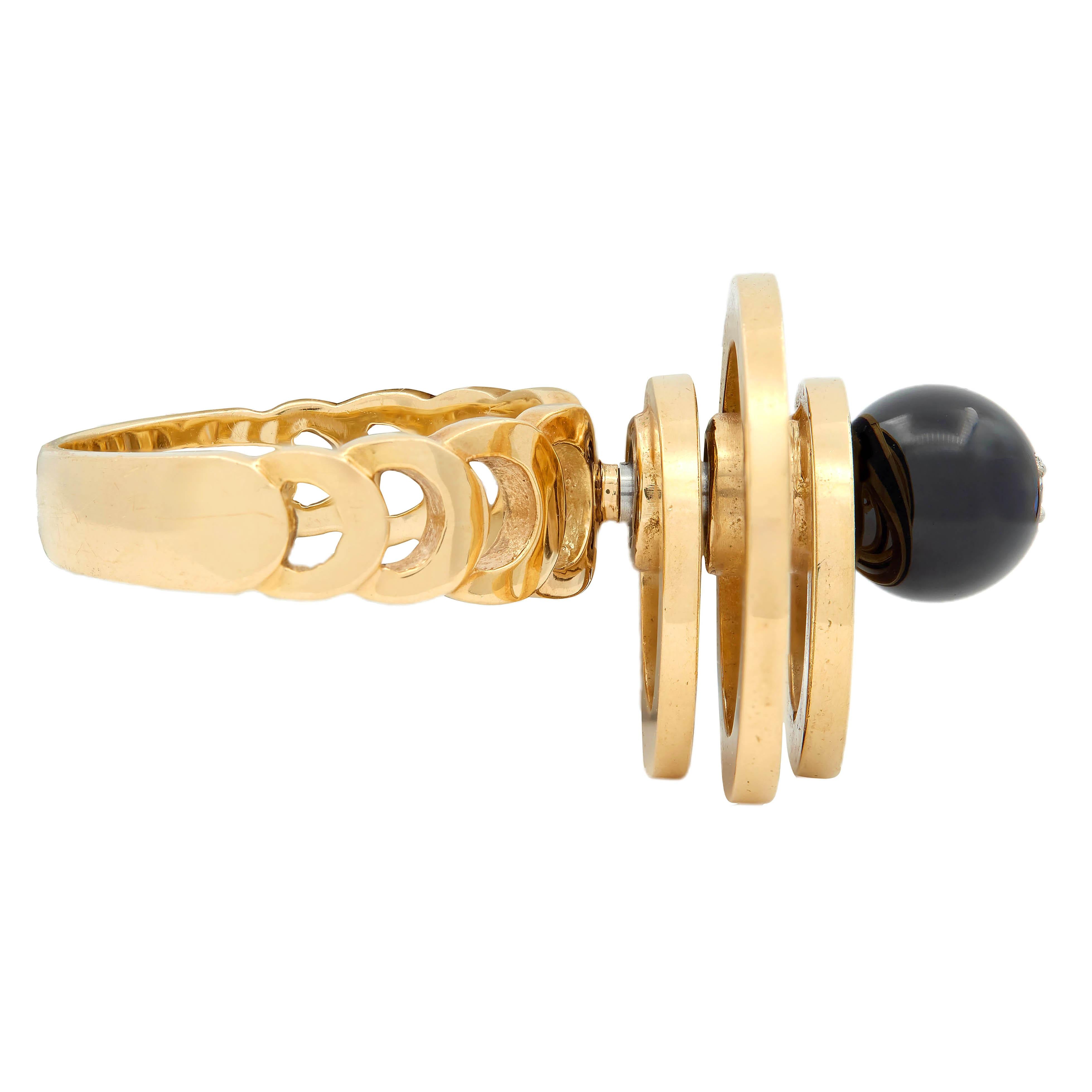 Norman Teufel Onyx Diamond 18K Gold Arch Vintage Kinetic Fidget Spinner Ring