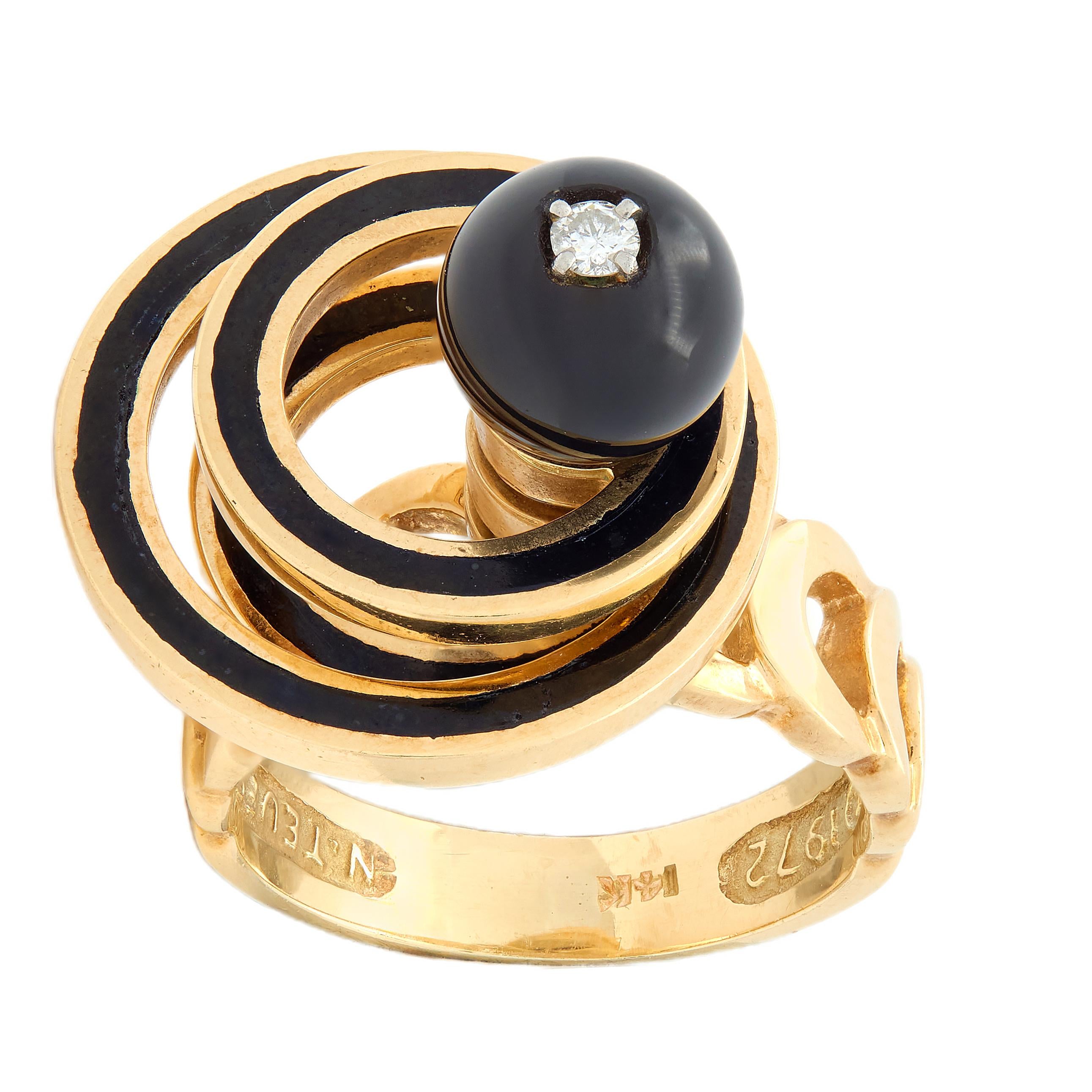 Norman Teufel Onyx Diamond 18K Gold Arch Vintage Kinetic Fidget Spinner Ring