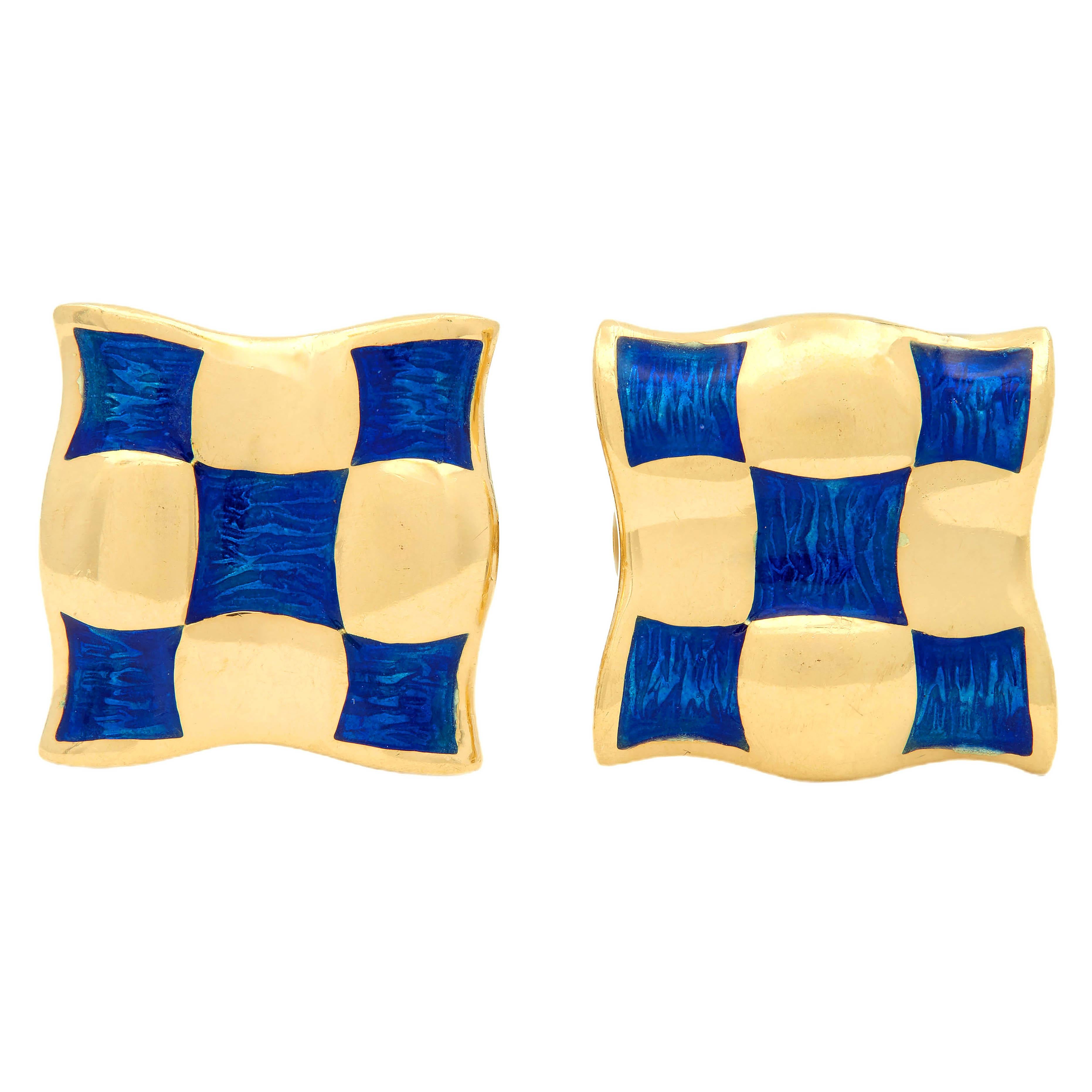 Tiffany & Co. 1980's Enamel 18 Karat Yellow Gold Vintage Checkerboard Cufflinks