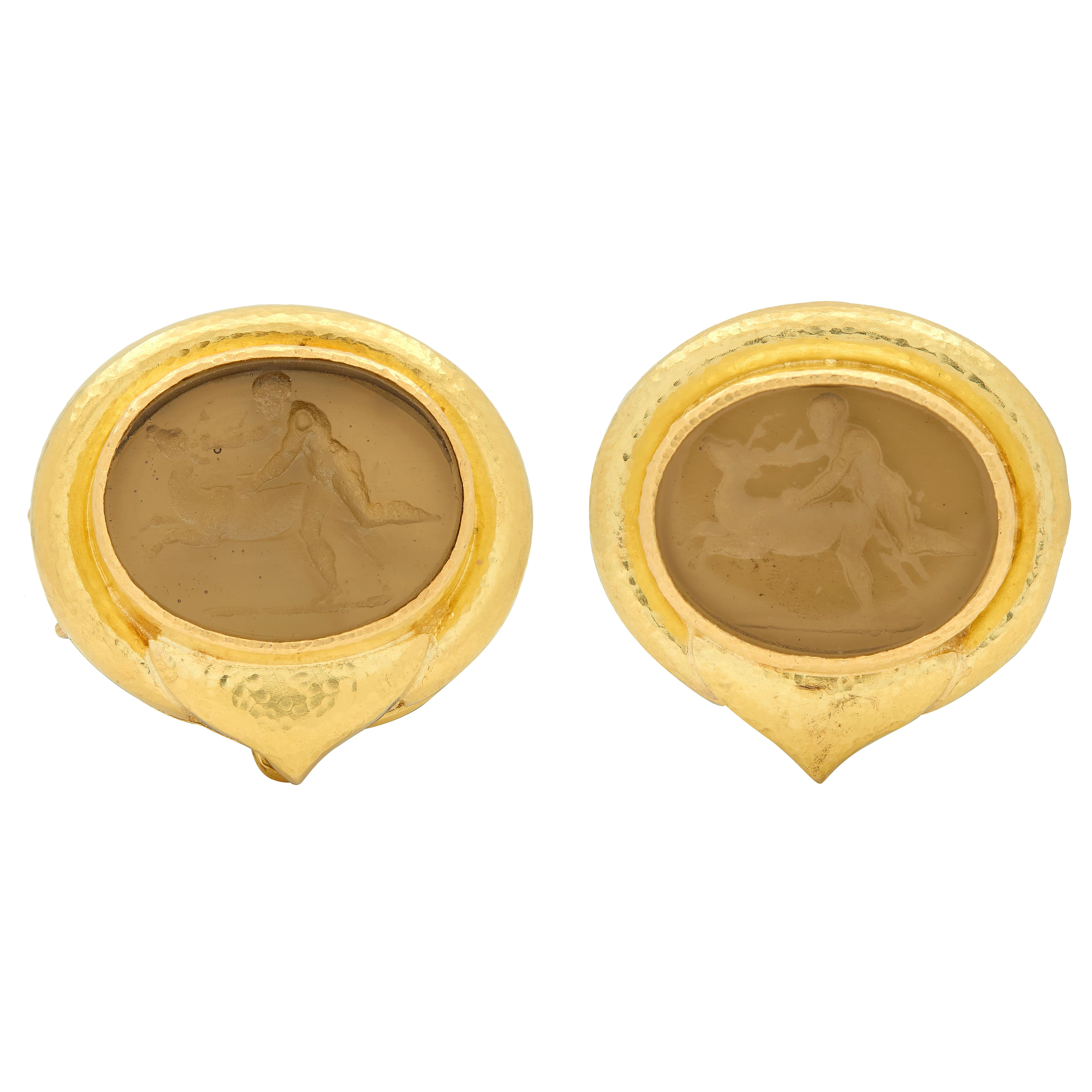 Elizabeth Locke 1980's Venetian Glass 18 Yellow Gold Vintage Intaglio Earrings