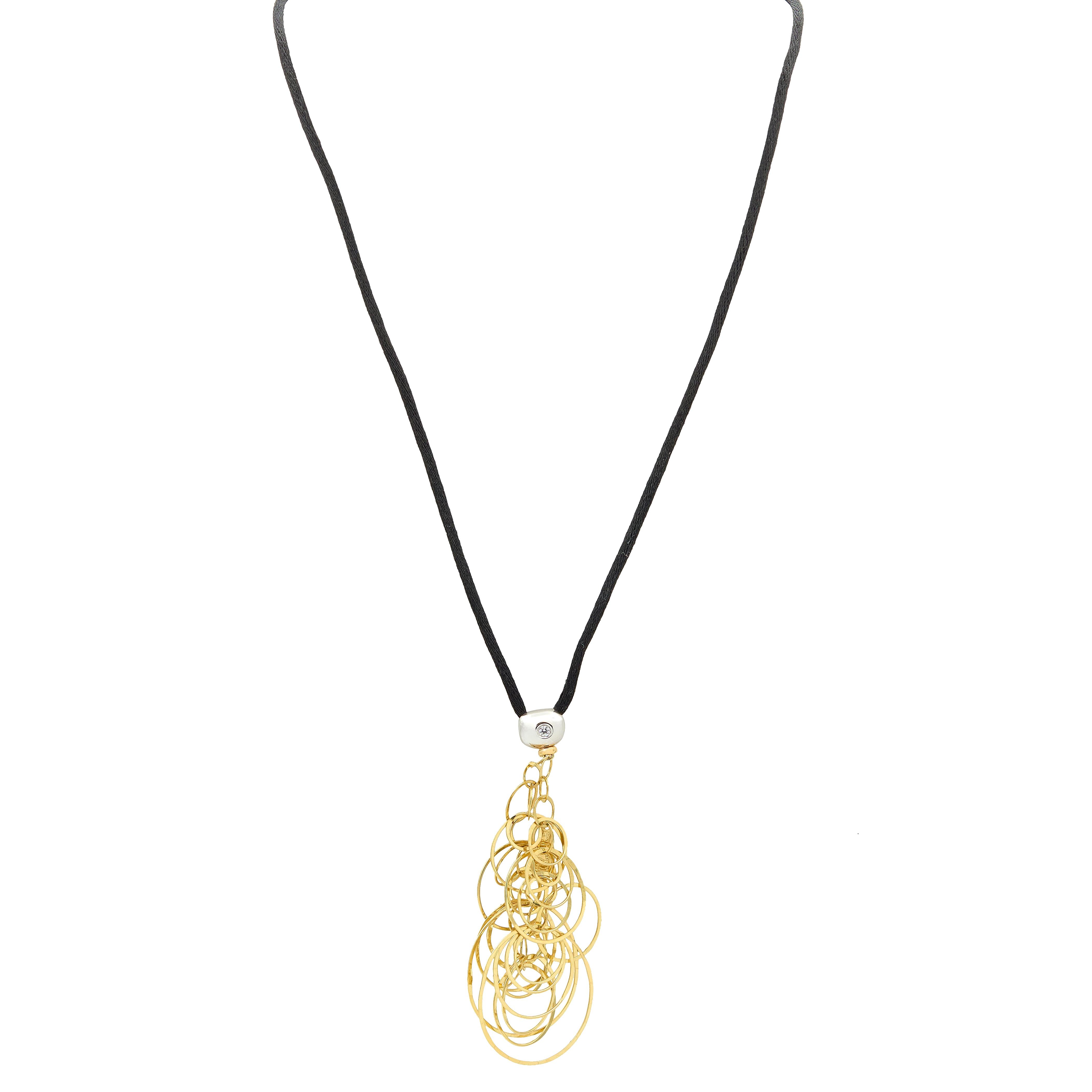 Orlandini 2000's Diamond 18 Karat Two-Tone Gold Hoop Pendant Silk Cord Necklace