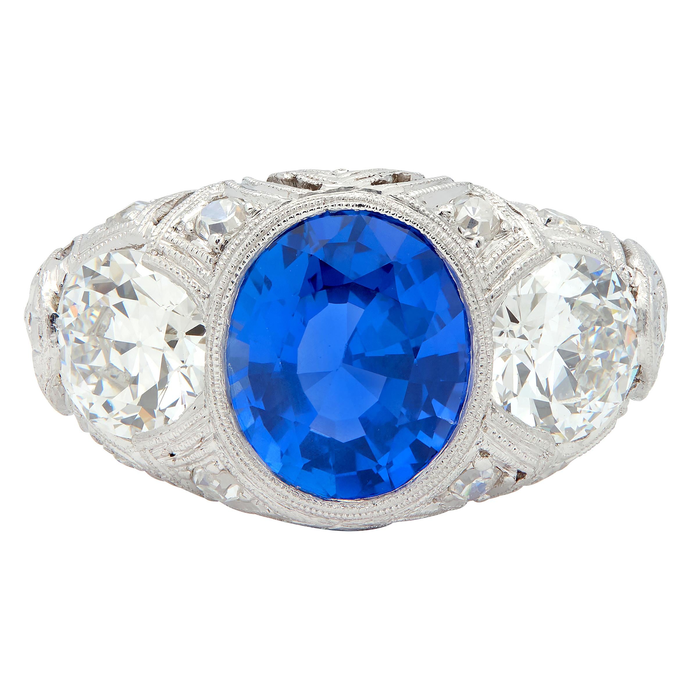 Art Deco 4.90 CTW No Heat Ceylon Sapphire Diamond Platinum Antique Ring AGL