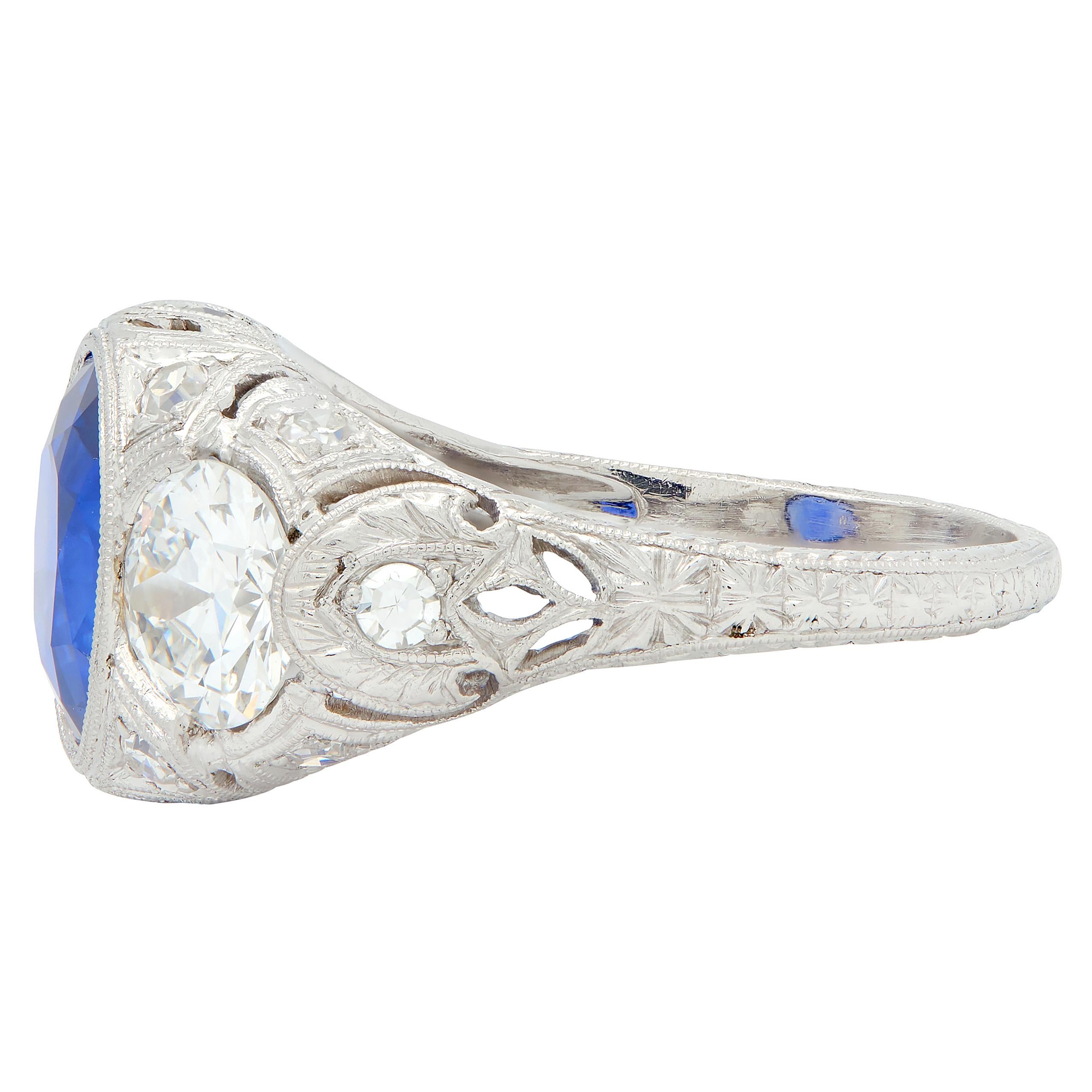 Art Deco 4.90 CTW No Heat Ceylon Sapphire Diamond Platinum Antique Ring AGL