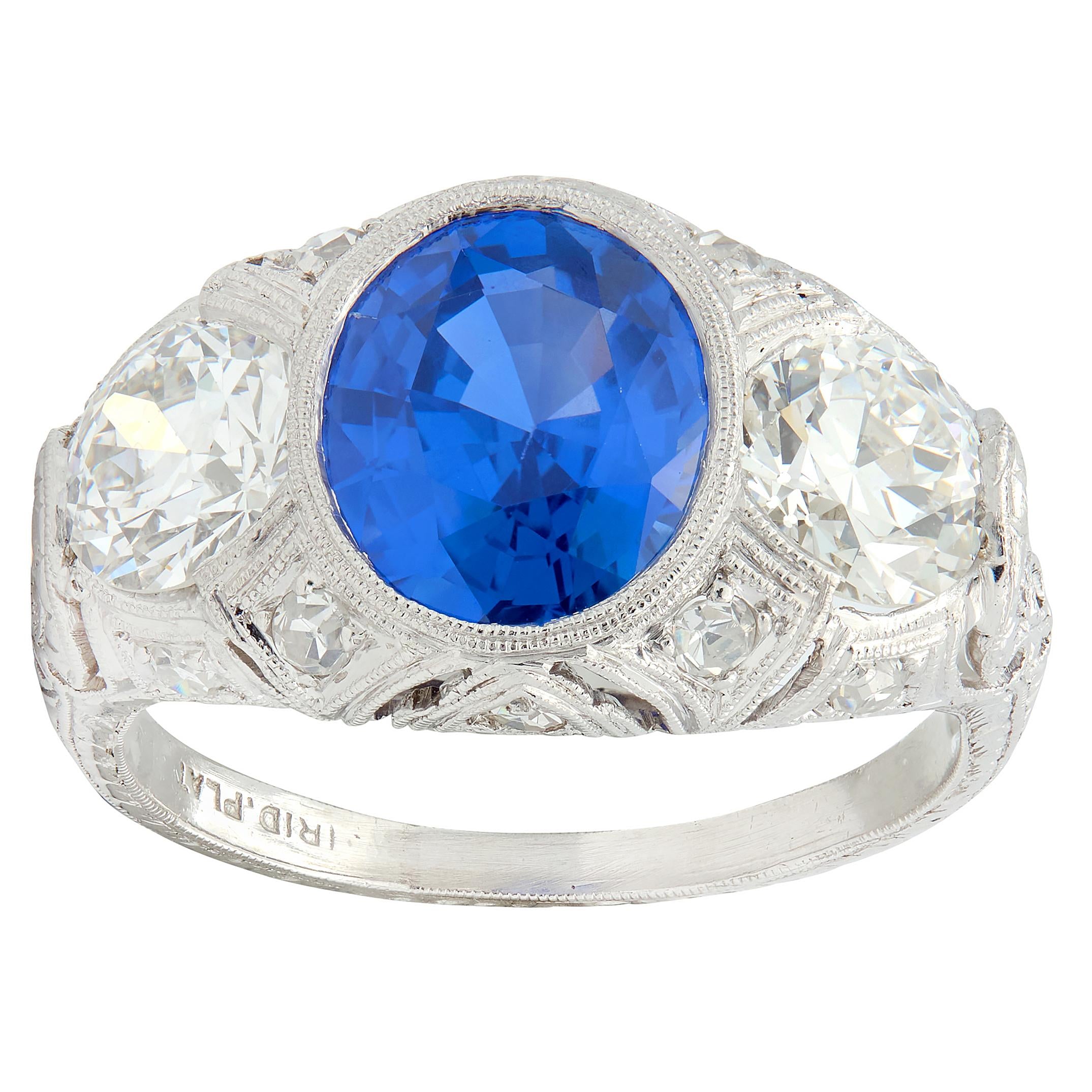 Art Deco 4.90 CTW No Heat Ceylon Sapphire Diamond Platinum Antique Ring AGL
