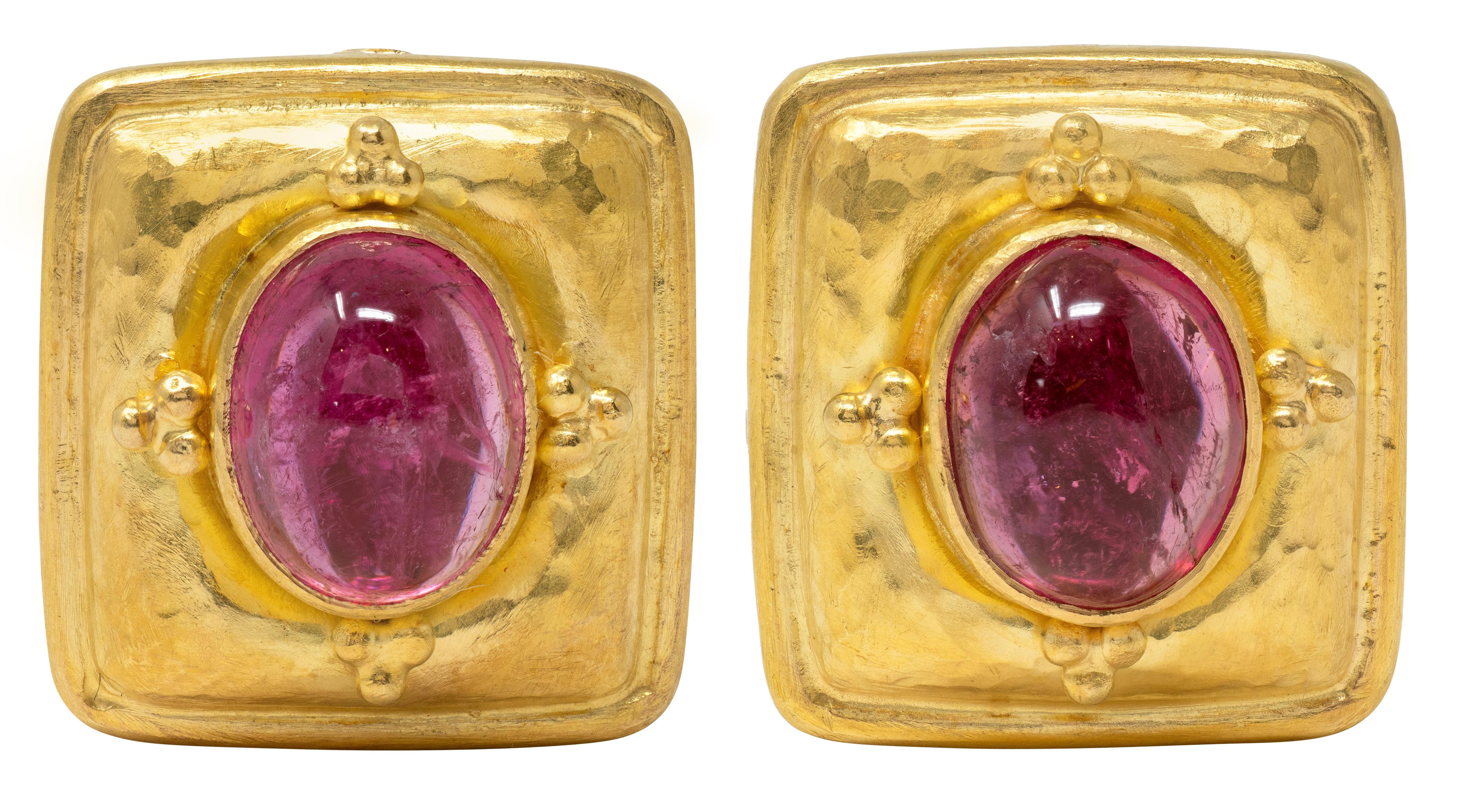 Elizabeth Locke 2000's Tourmaline 18 Karat Yellow Gold Cushion Earrings