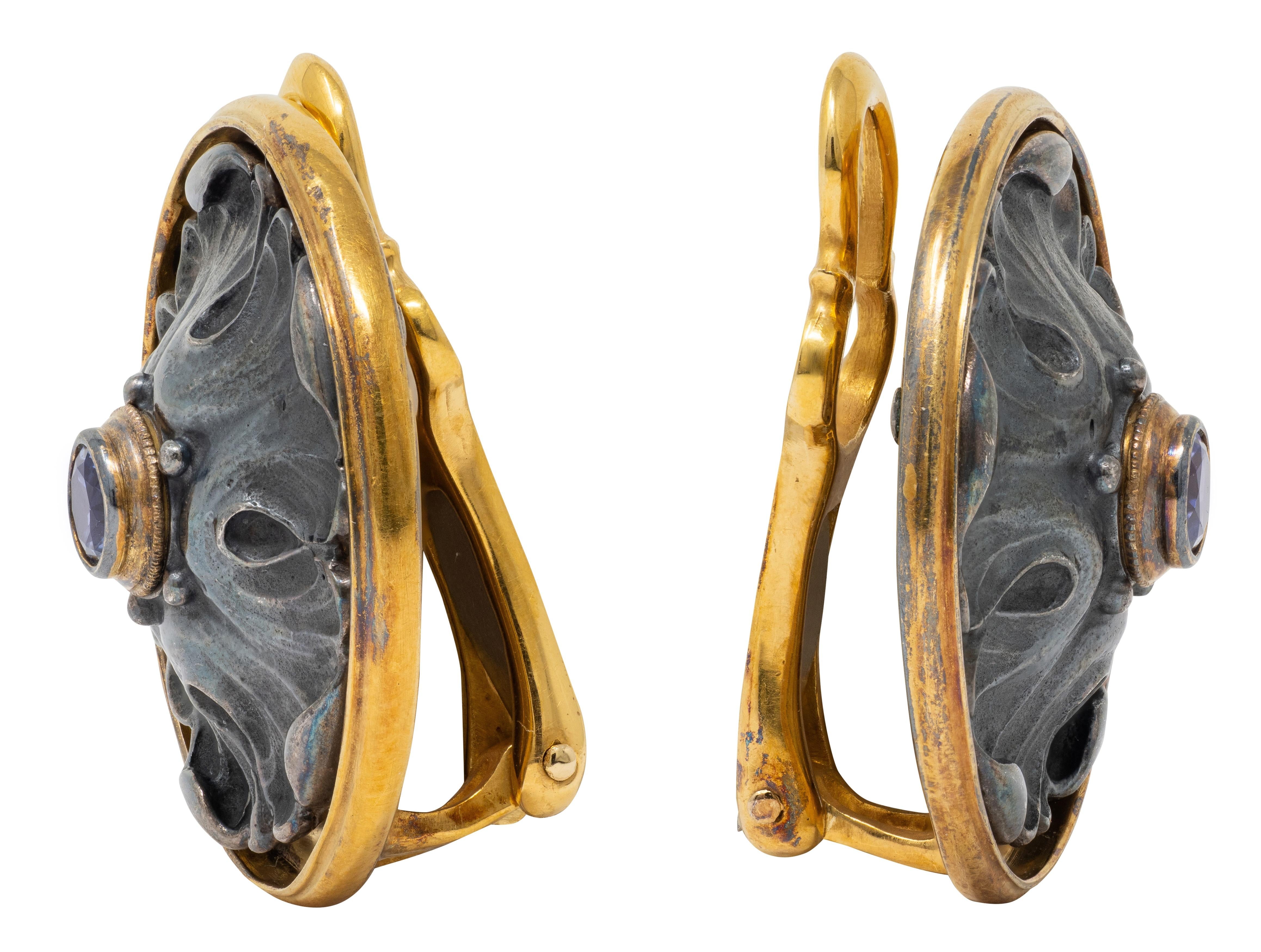 Paul Lantuch Neoclassical Revival Sapphire 18 K Gold Silver Leaf Earrings