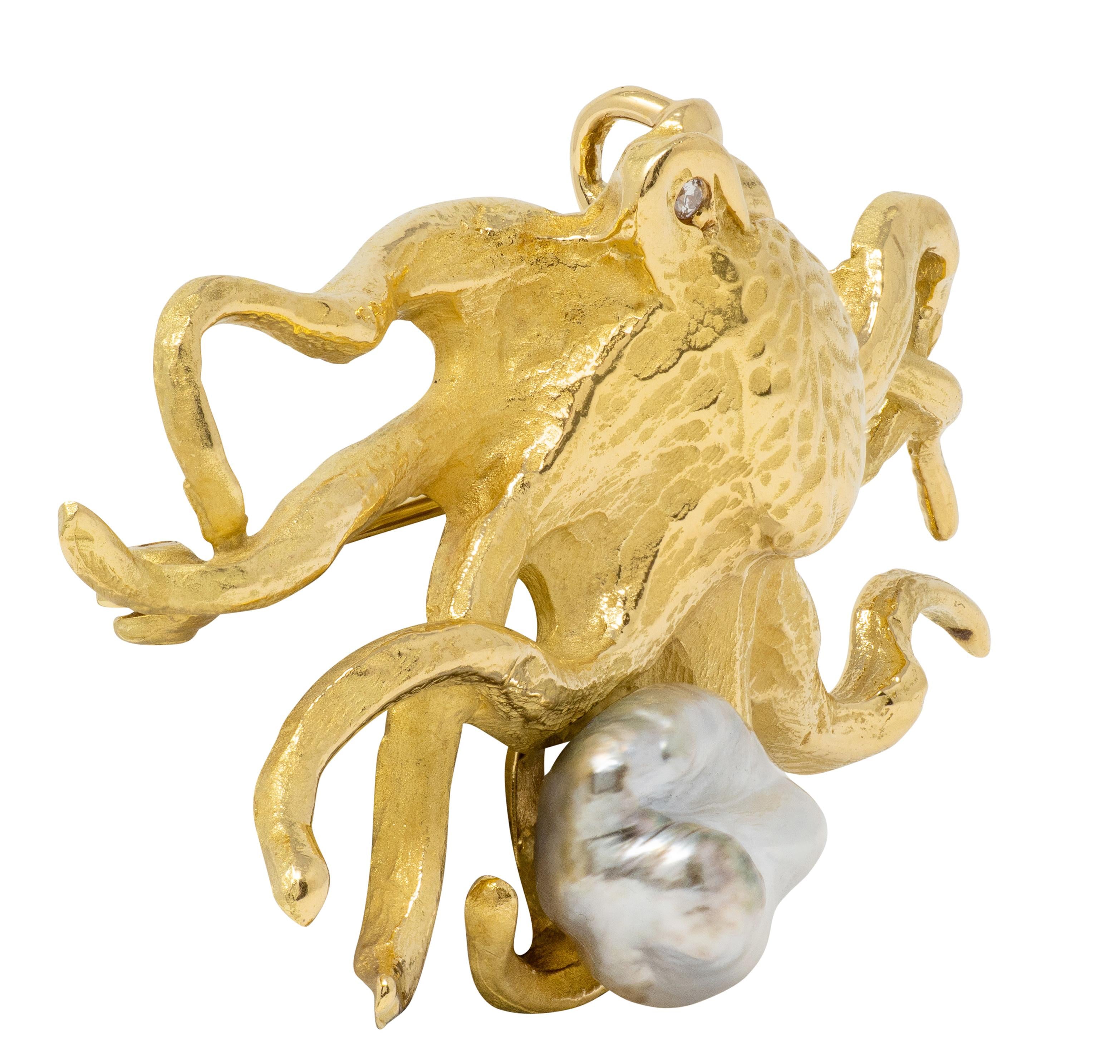 2000's Pearl Diamond 18 Karat Yellow Gold Octopus Pendant Brooch