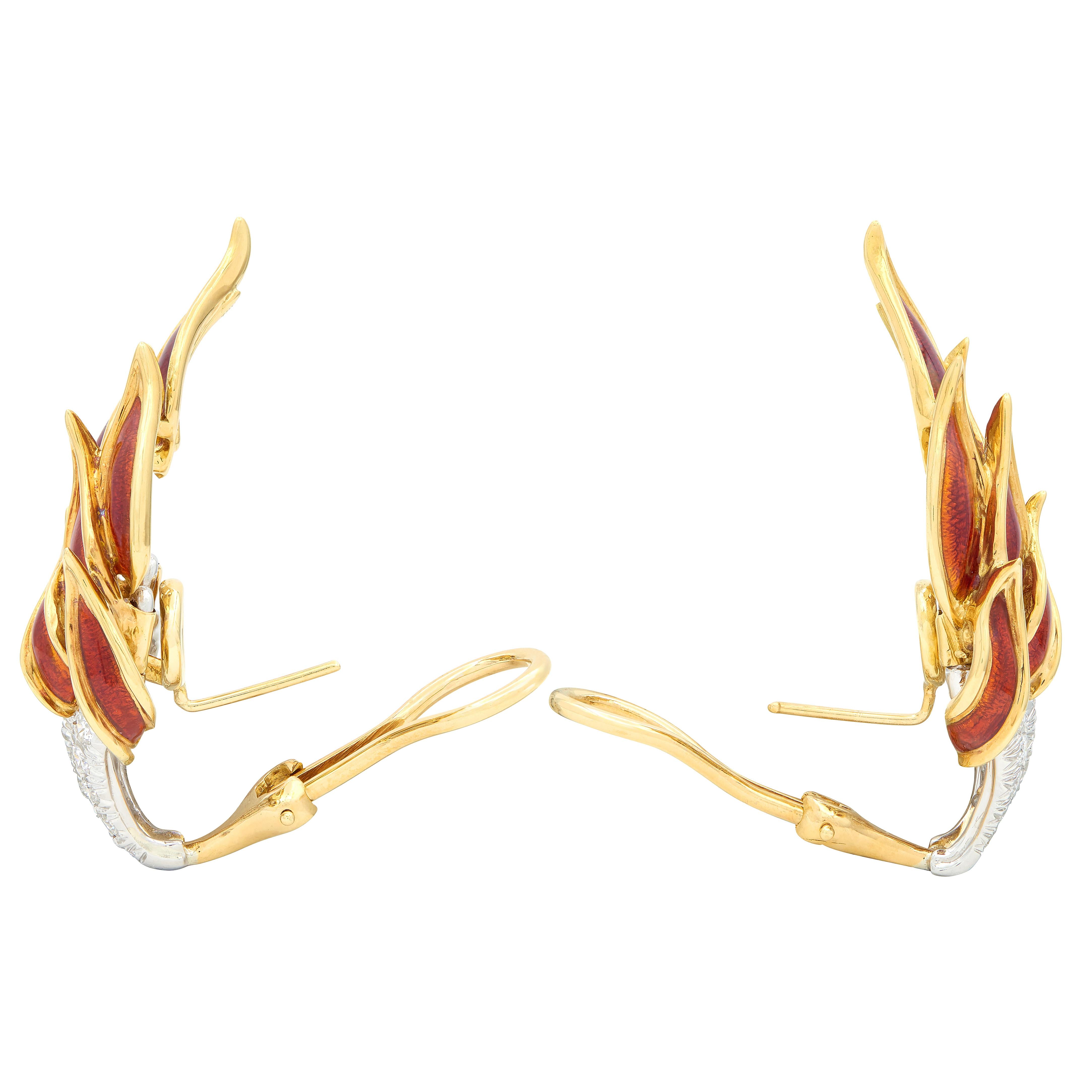 Tiffany & Co. Schlumberger Diamond Enamel Platinum 18K Gold Flame Earrings