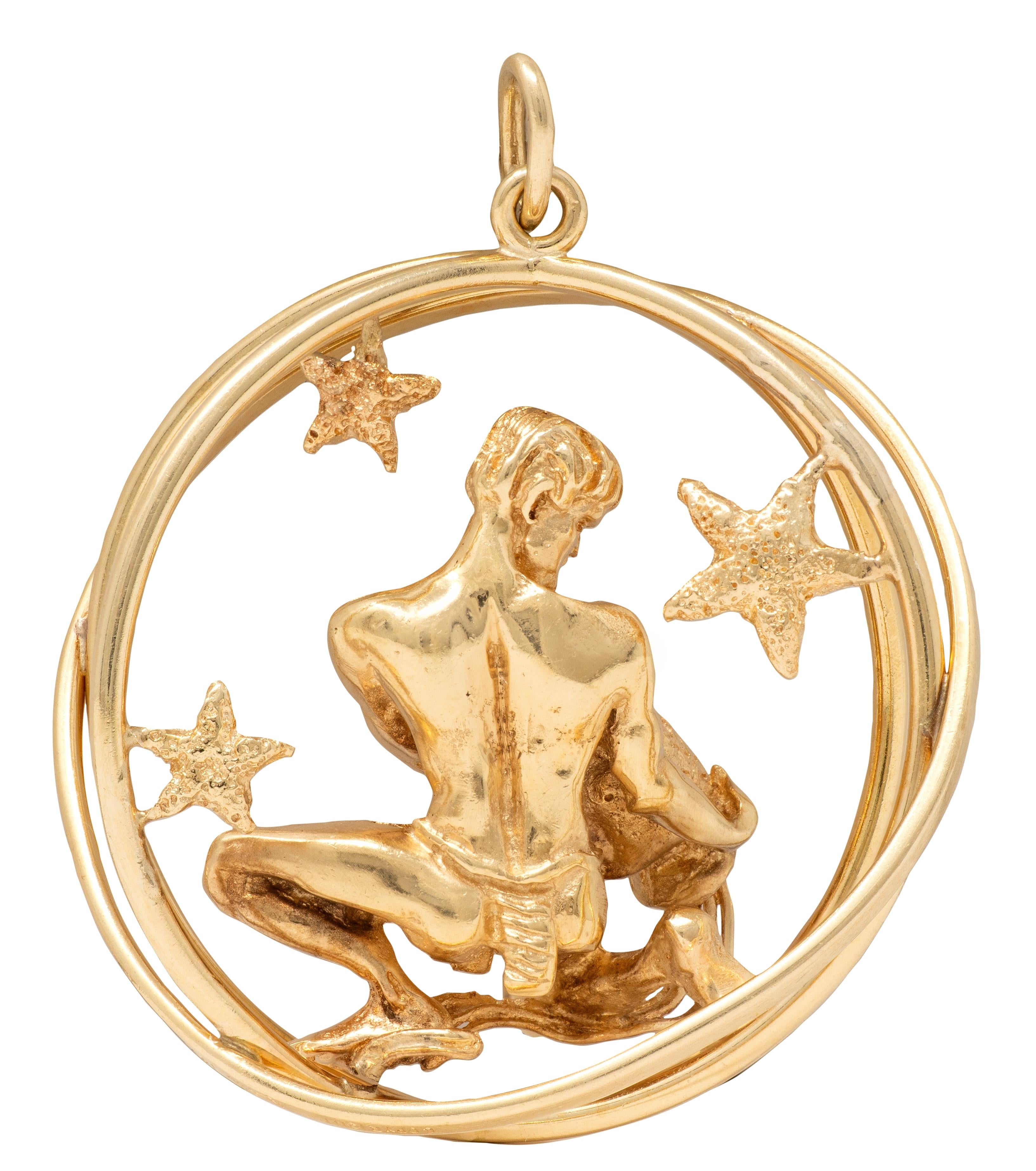 Ruser 1970's 14 Karat Yellow Gold Vintage Aquarius Zodiac Pendant