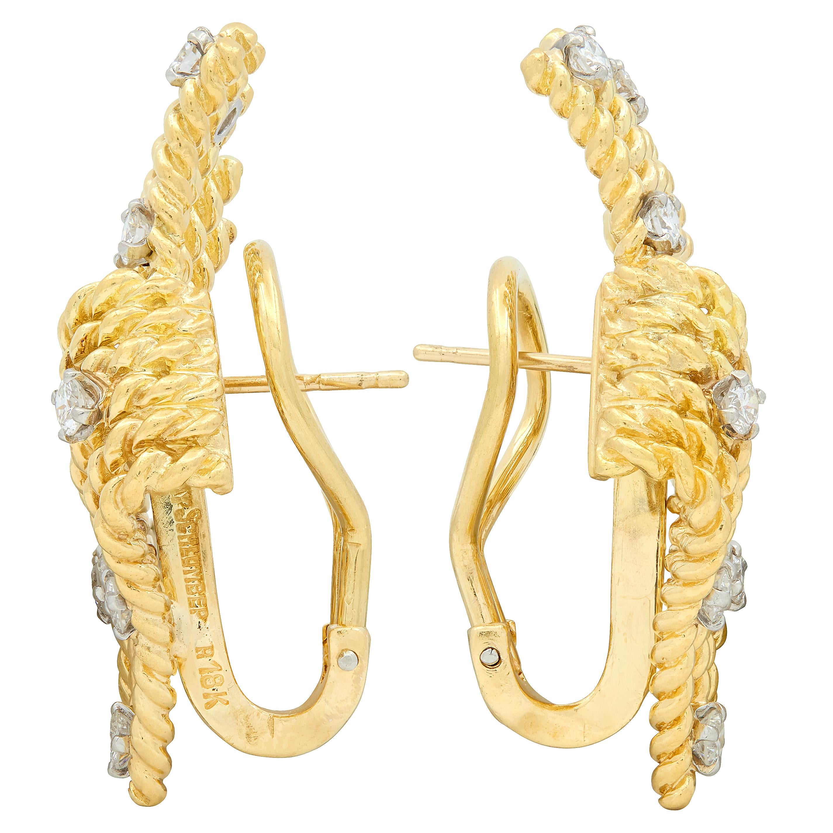 Tiffany & Co. Schlumberger Diamond 18K Yellow Gold V-Rope Fanning Earrings