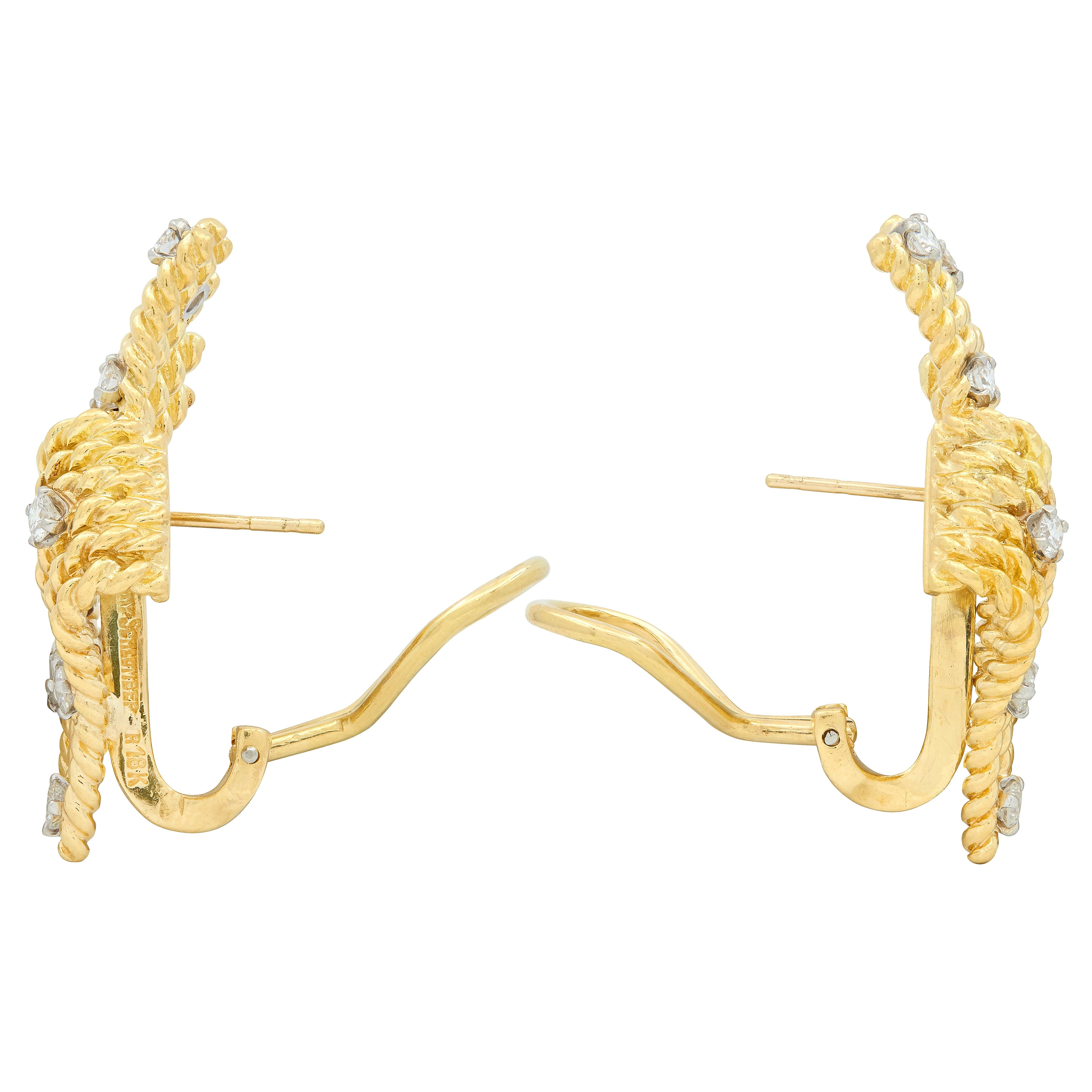 Tiffany & Co. Schlumberger Diamond 18K Yellow Gold V-Rope Fanning Earrings