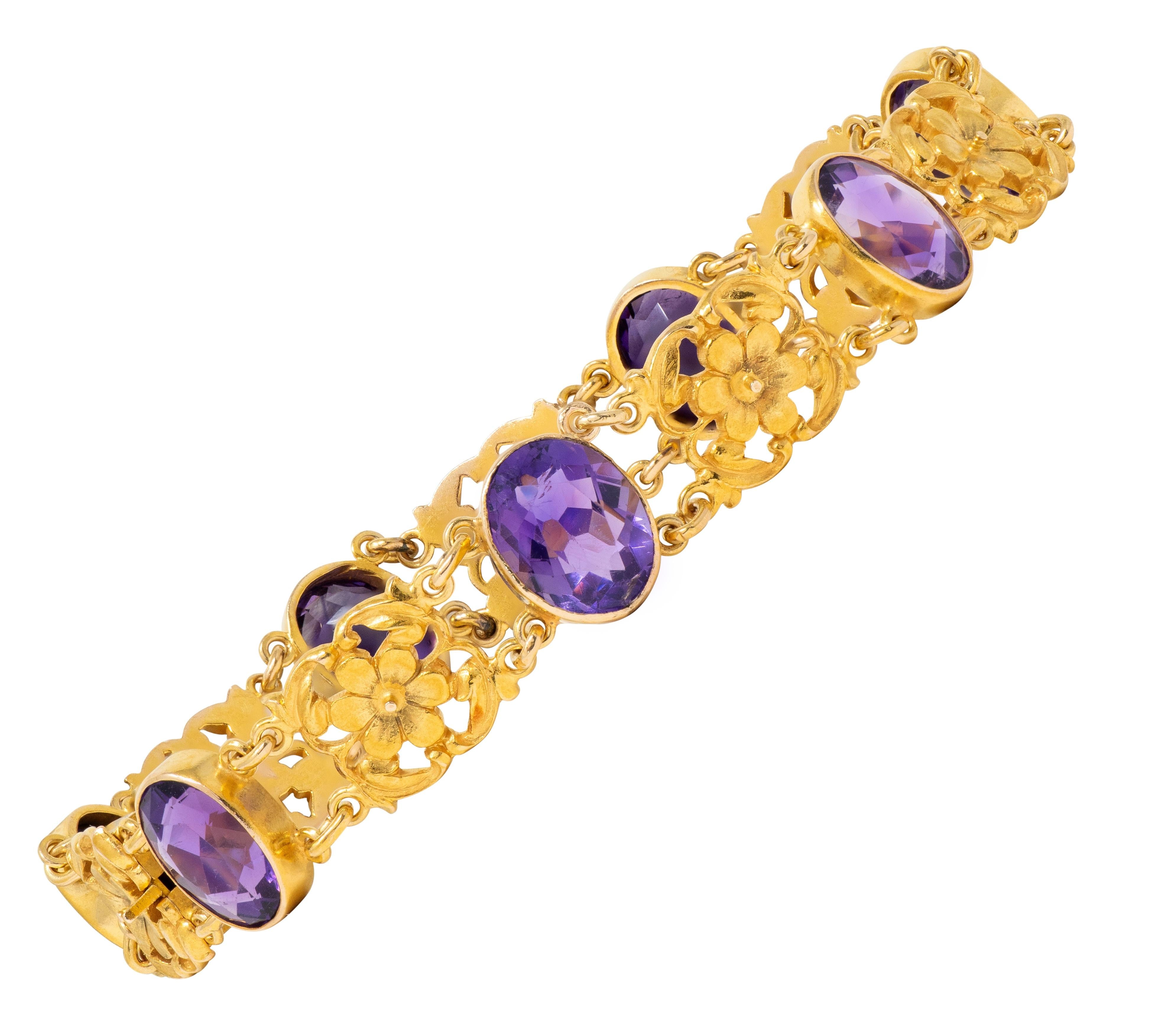 Art Nouveau Amethyst 14 Karat Yellow Gold Antique Floral Link Bracelet