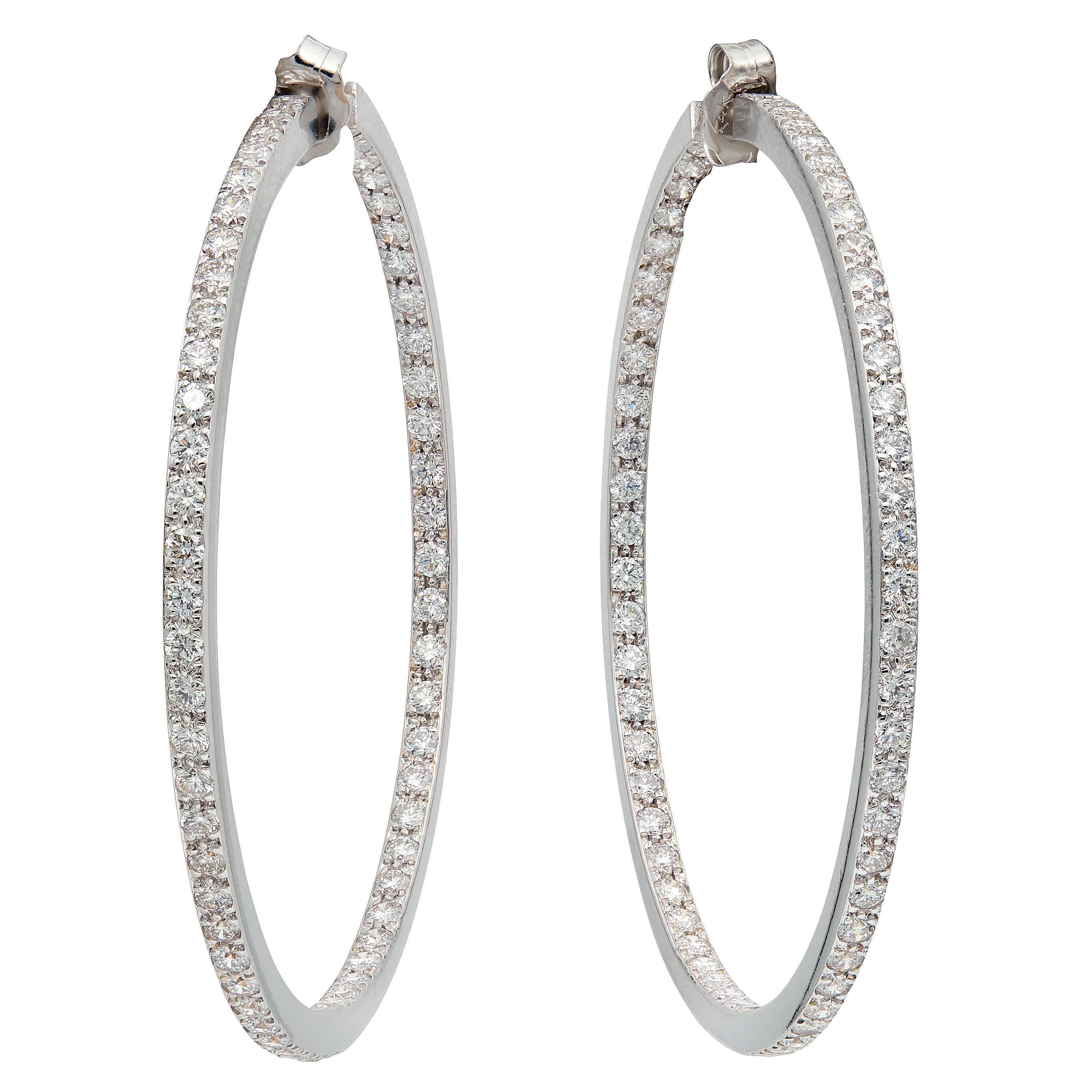 Contemporary 3.60 CTW Diamond 18 Karat White Gold Inside-Oustide Hoop Earrings