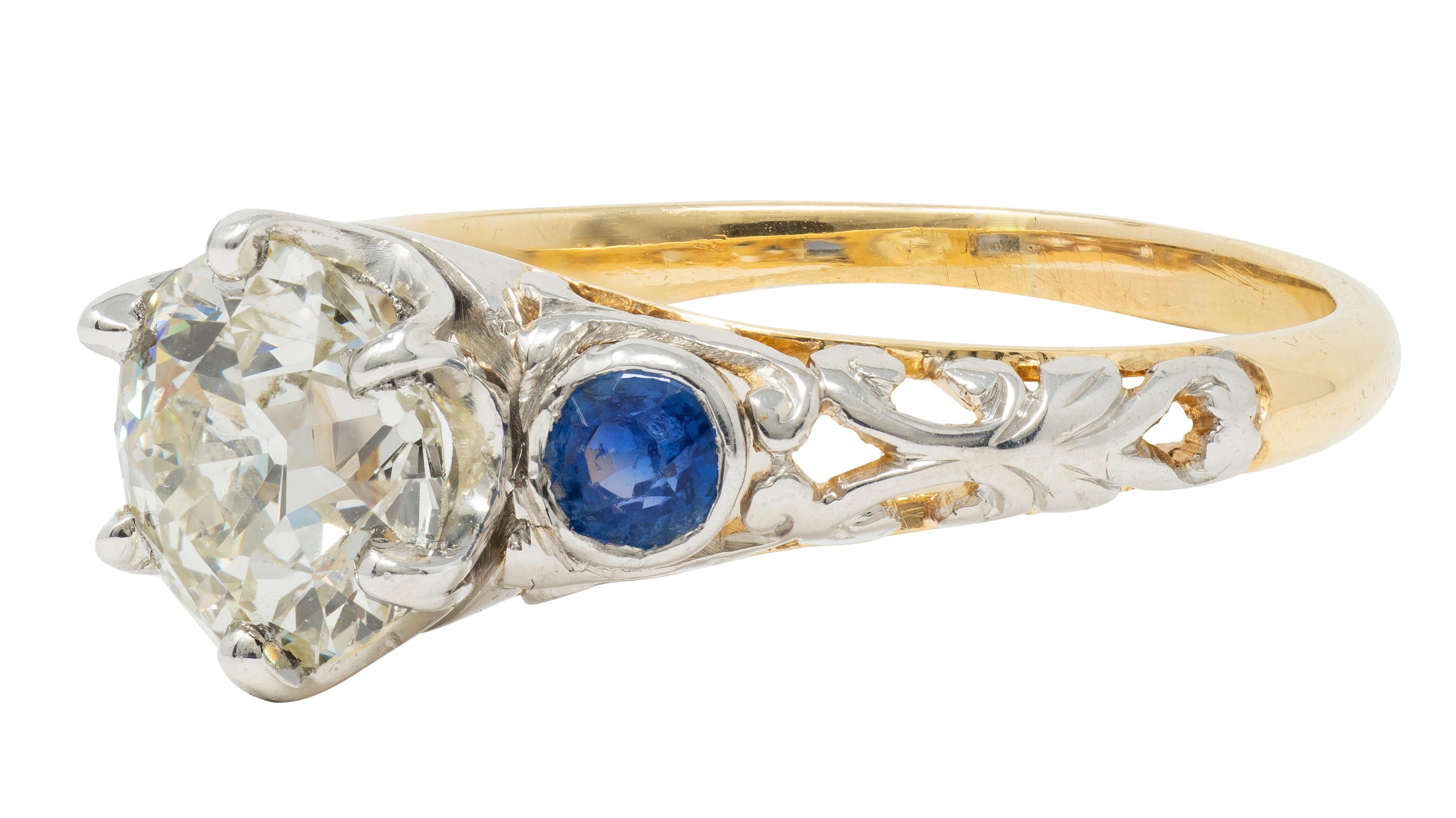 Edwardian European Diamond Sapphire Platinum 18K Antique Engagement Ring