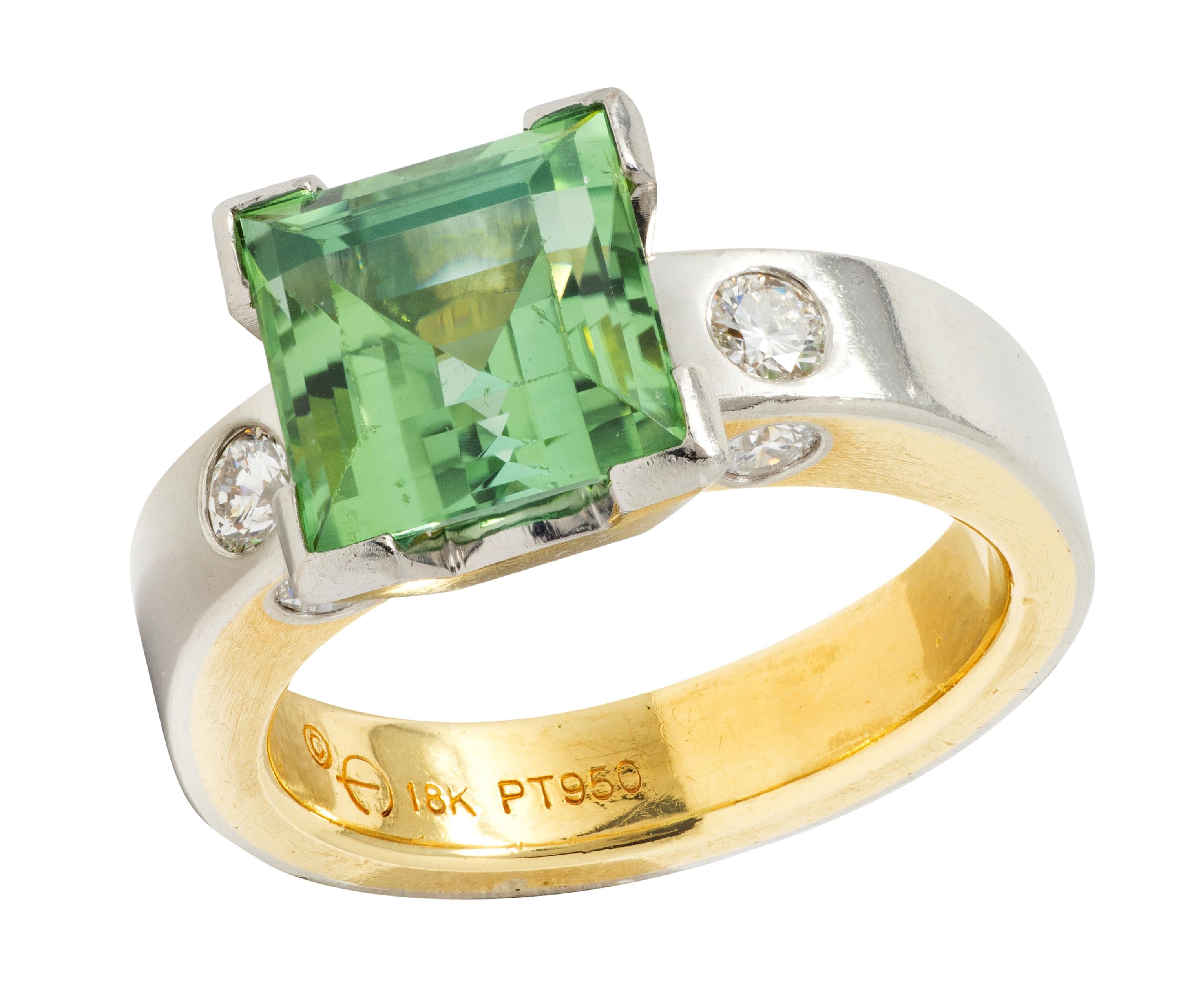 Tourmaline Diamond Platinum 18 Karat Yellow Gold Cocktail Ring