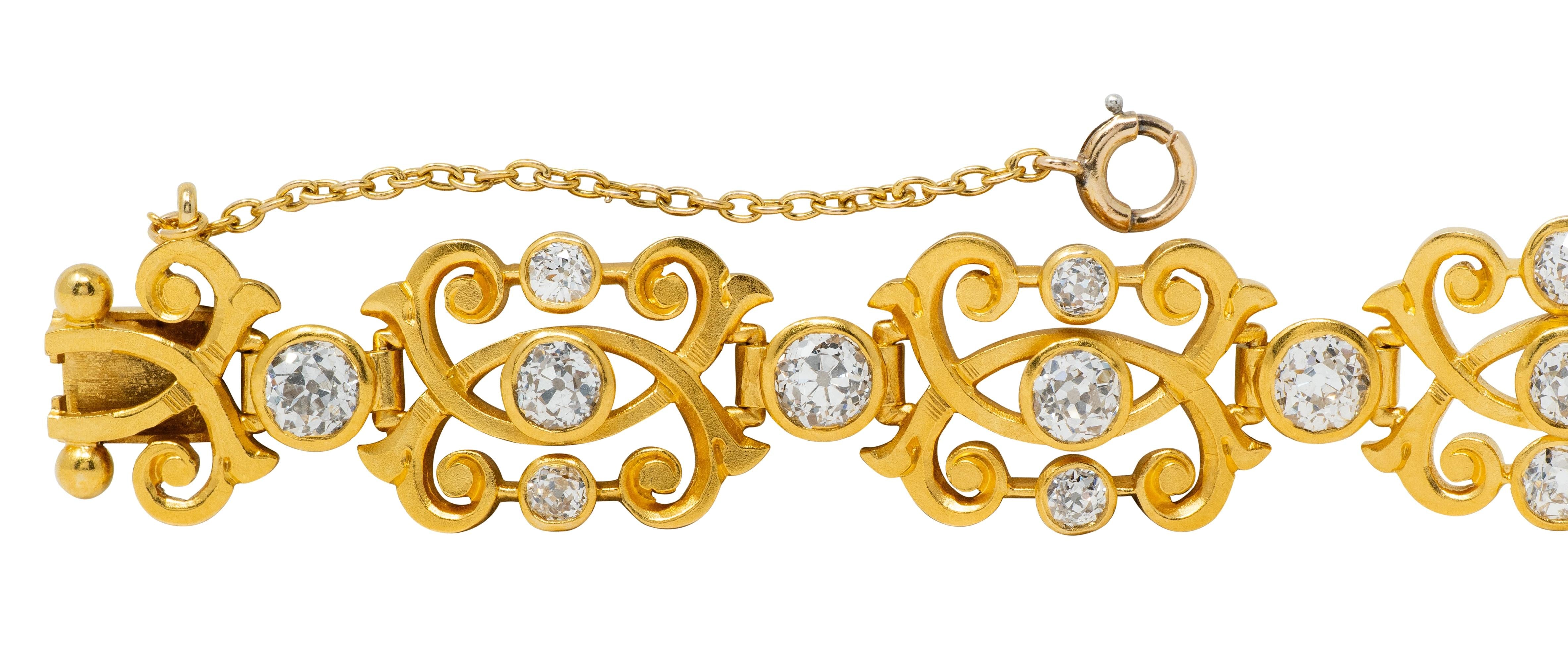 Art Nouveau 6.50 CTW Diamond 18K Yellow Gold Antique Scrolling Link Bracelet