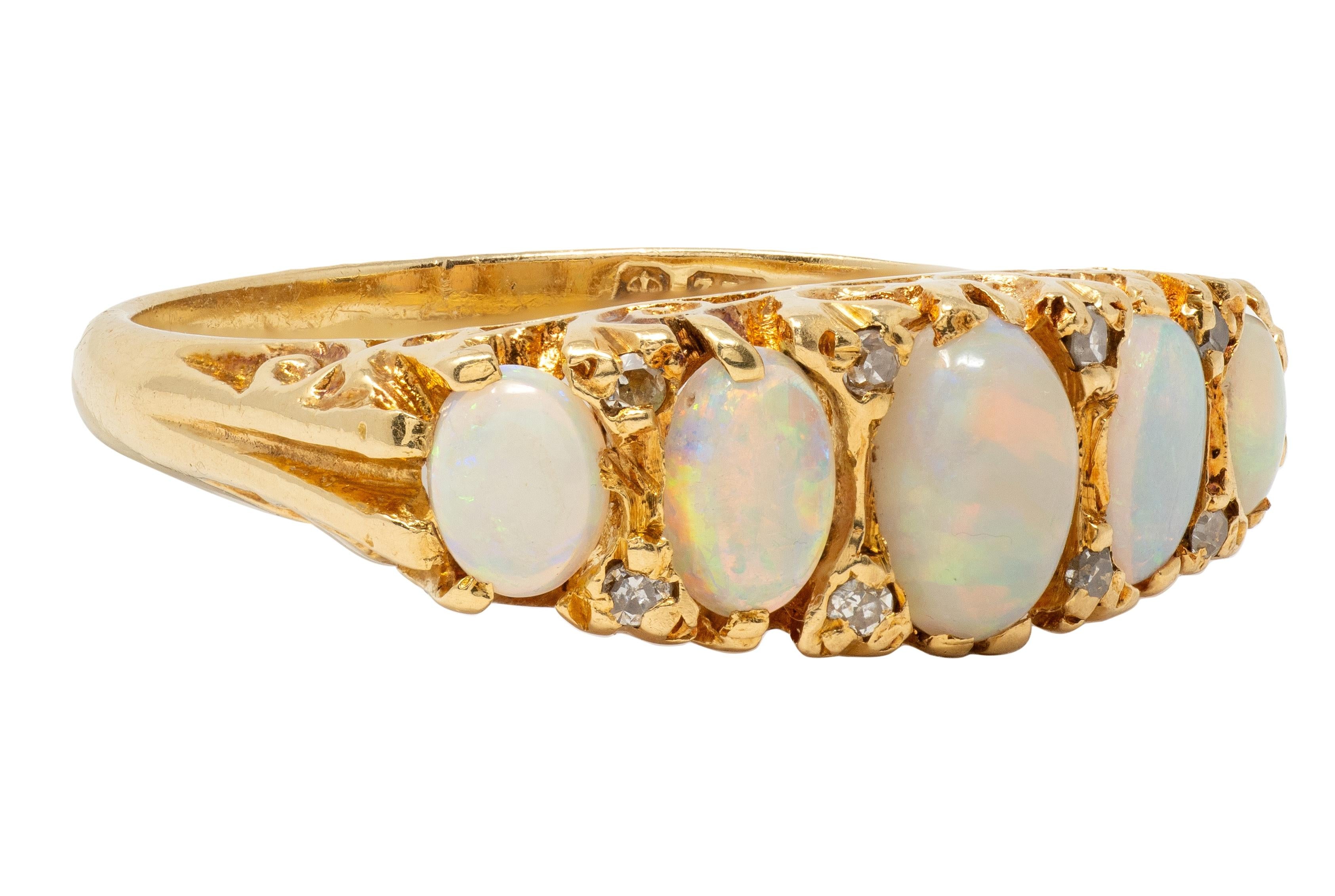Art Nouveau Opal Diamond 18 Karat Yellow Gold Scrolling Antique Band Ring