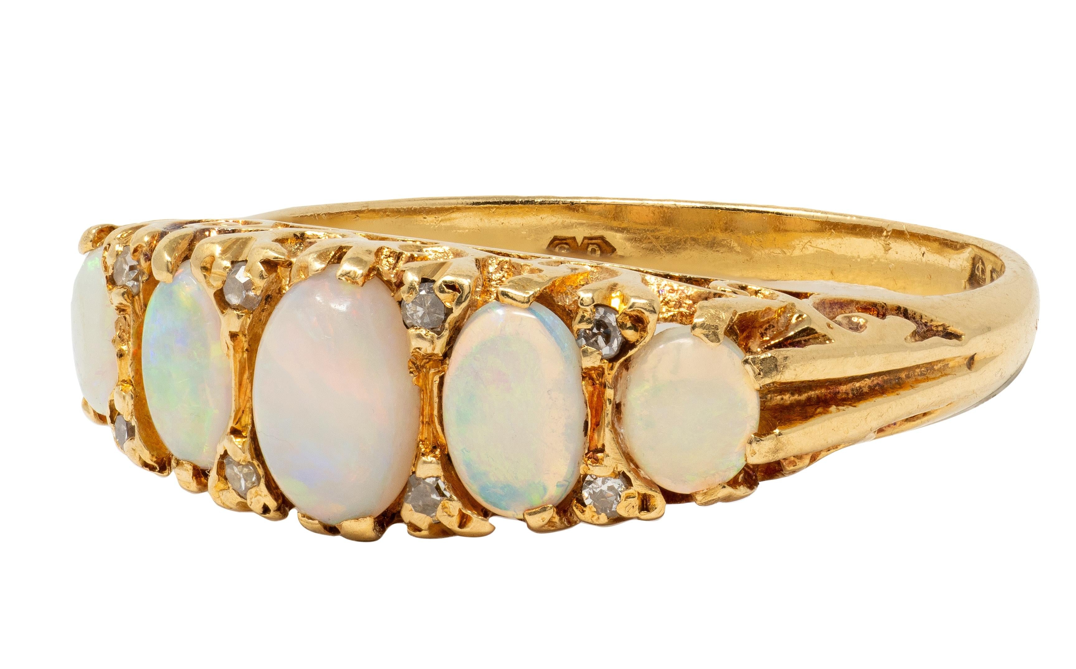 Art Nouveau Opal Diamond 18 Karat Yellow Gold Scrolling Antique Band Ring