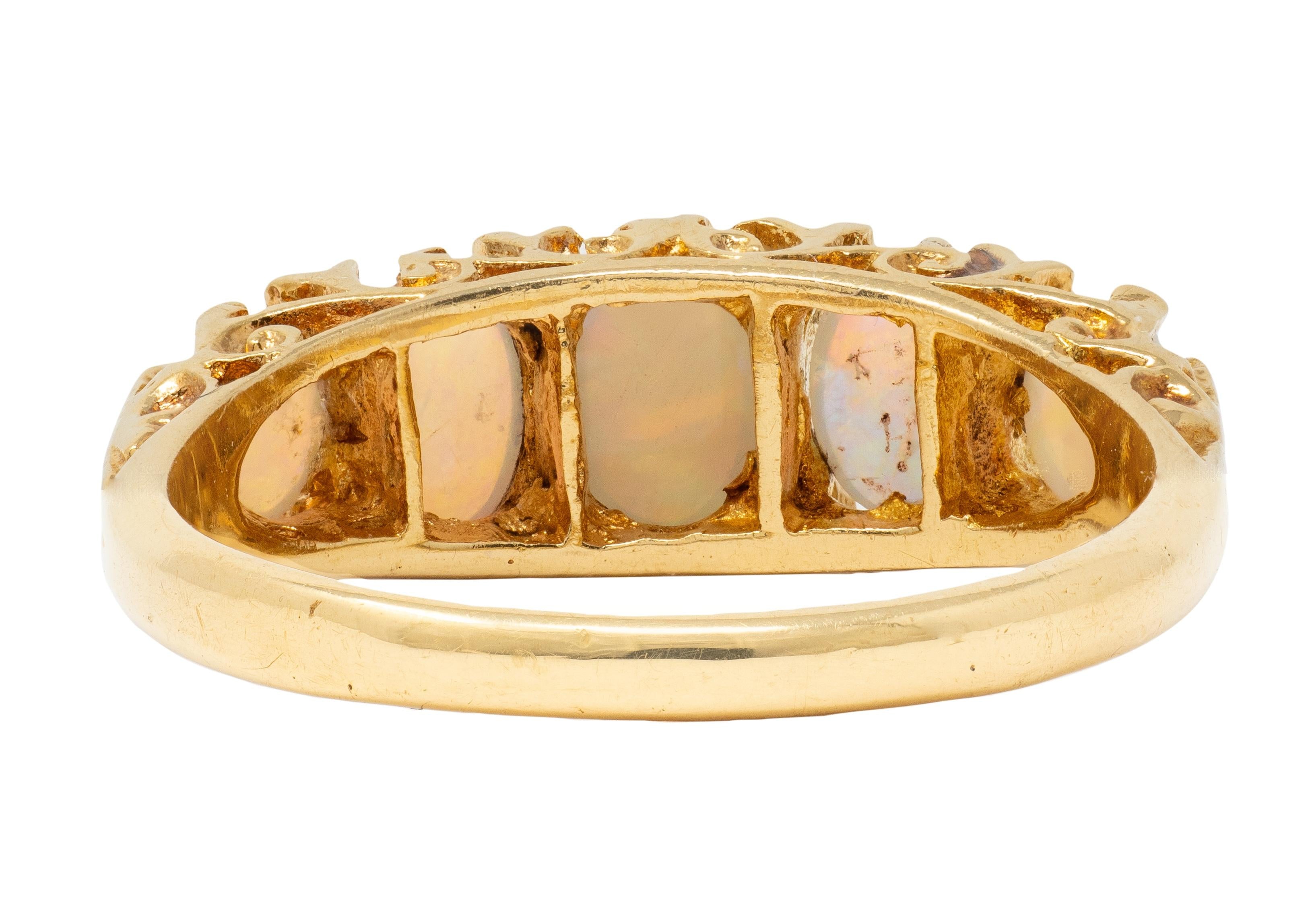 Art Nouveau Opal Diamond 18 Karat Yellow Gold Scrolling Antique Band Ring