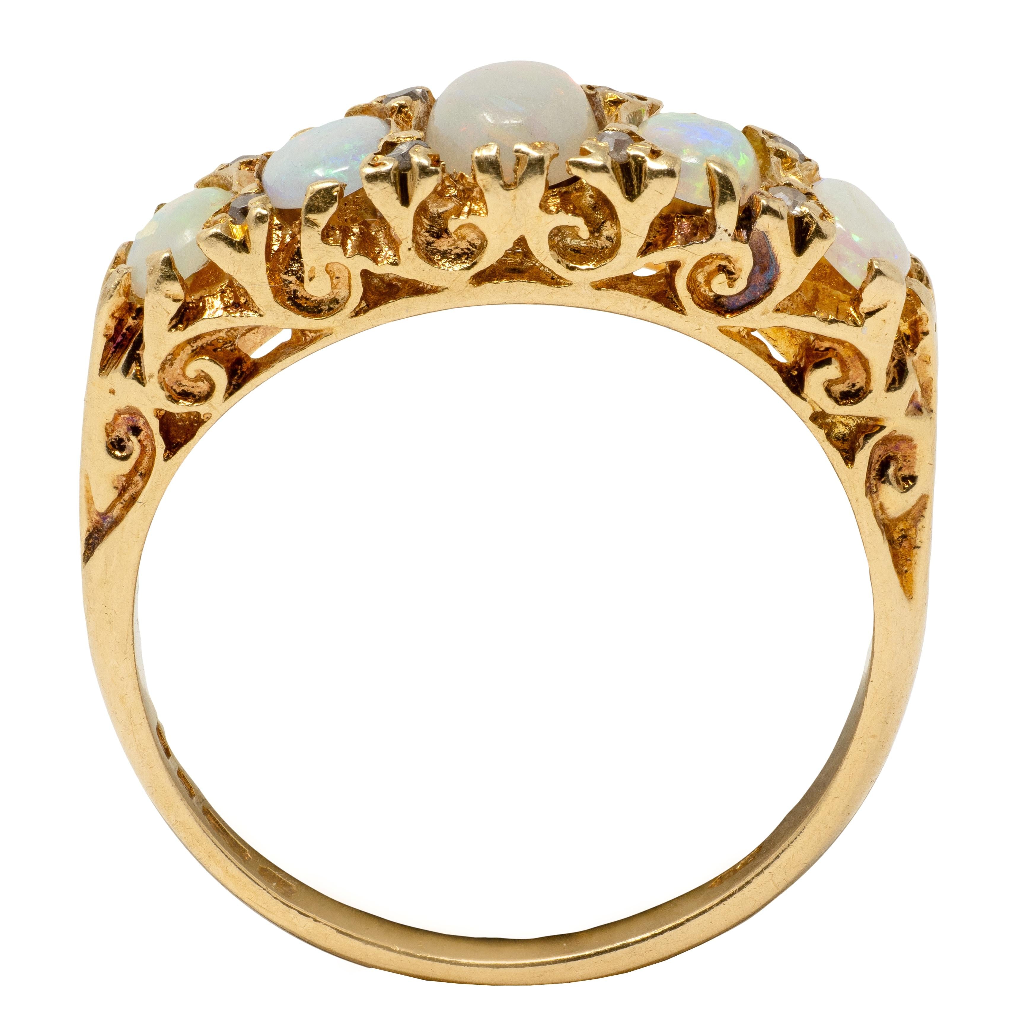 Art Nouveau Opal Diamond 18 Karat Yellow Gold Scrolling Antique Band Ring