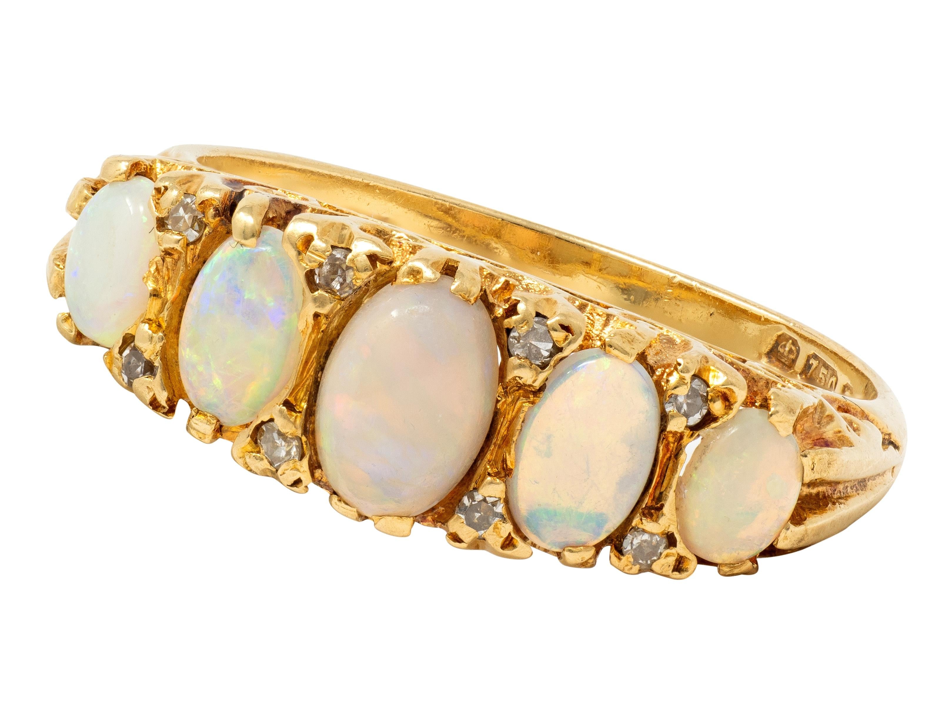 Art Nouveau Opal Diamond 18 Karat Yellow Gold Scrolling Antique Band Ring