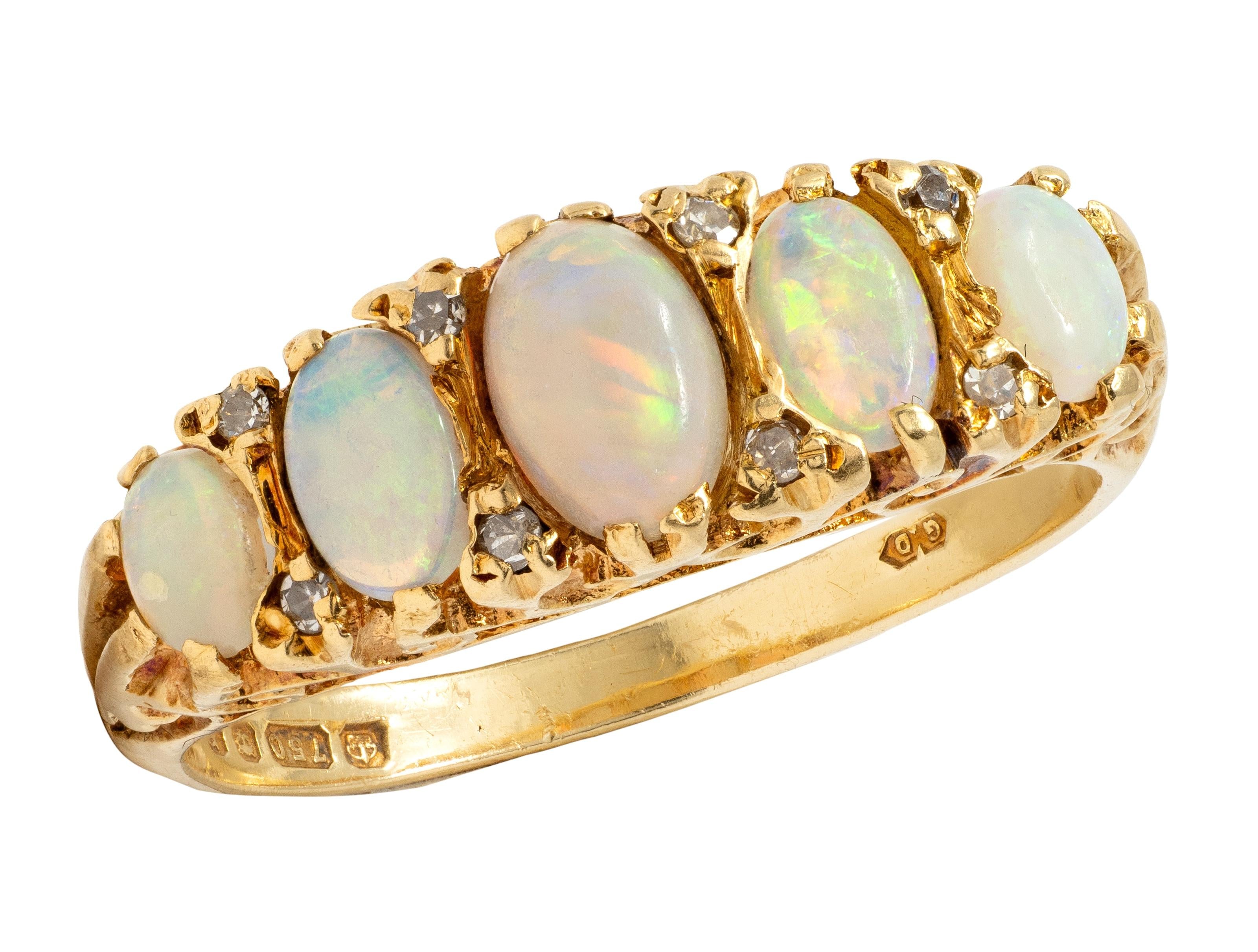 Art Nouveau Opal Diamond 18 Karat Yellow Gold Scrolling Antique Band Ring