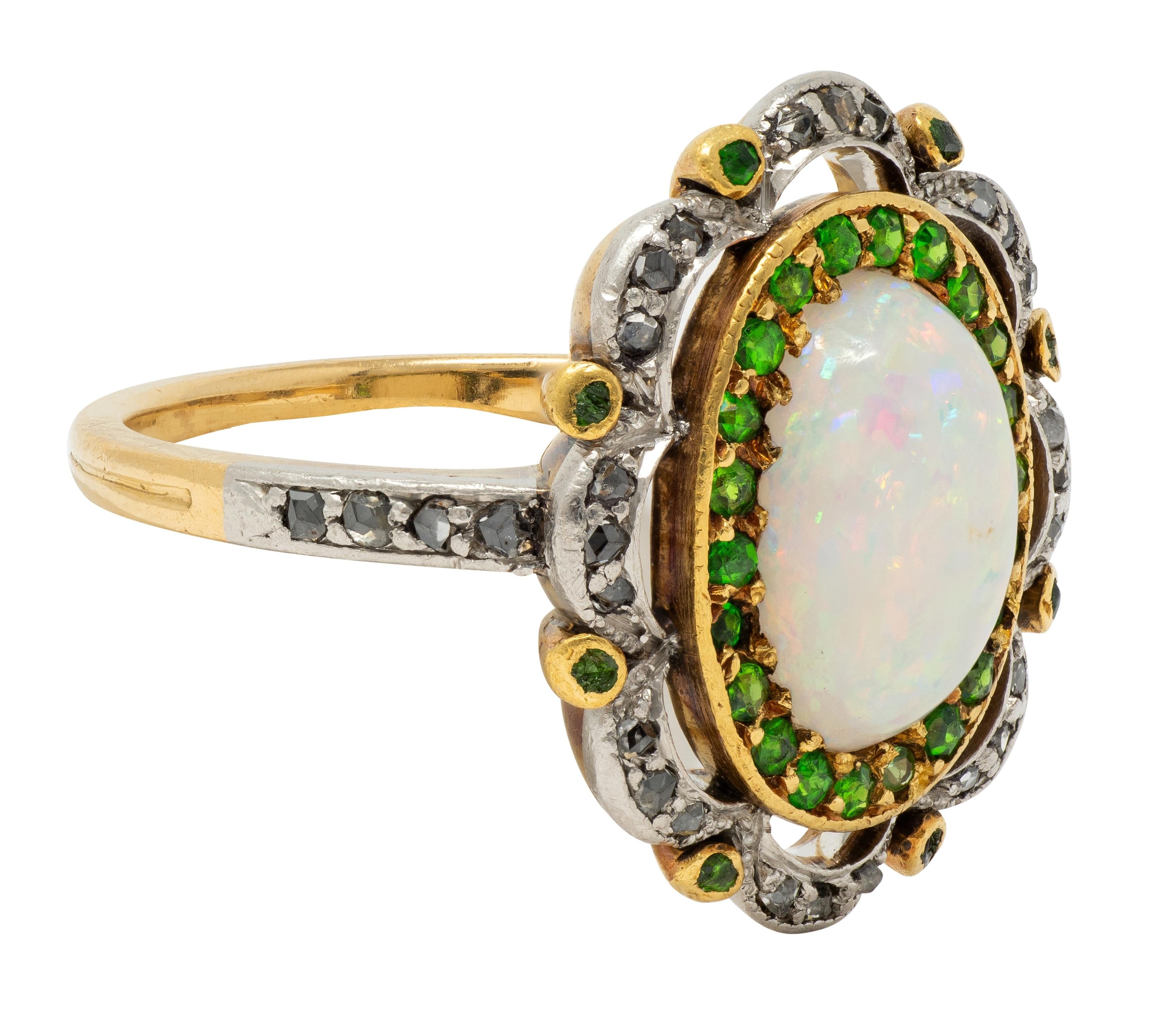 Edwardian Opal Diamond Demantoid Garnet Platinum 18K Gold Antique Cluster Ring