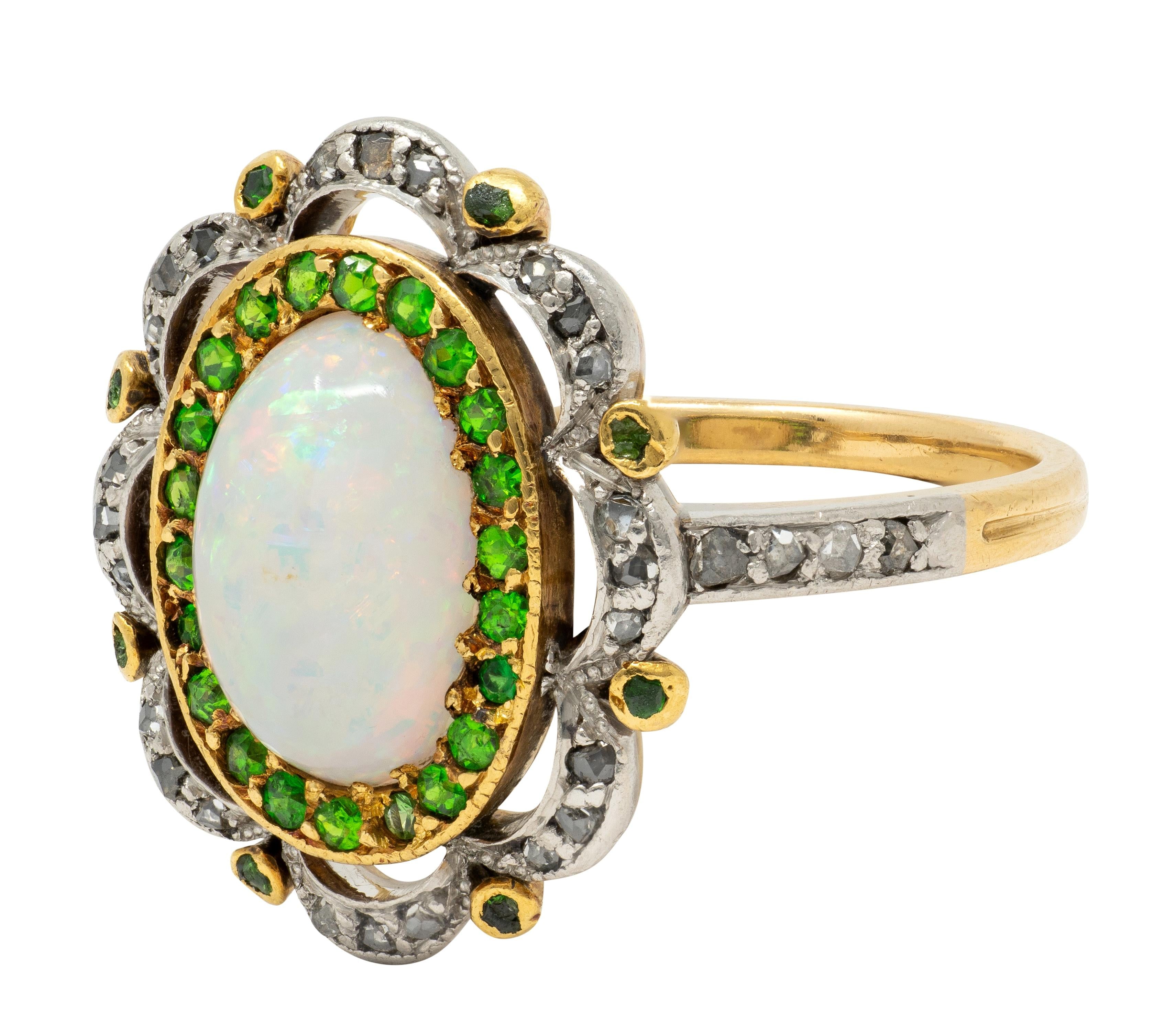 Edwardian Opal Diamond Demantoid Garnet Platinum 18K Gold Antique Cluster Ring