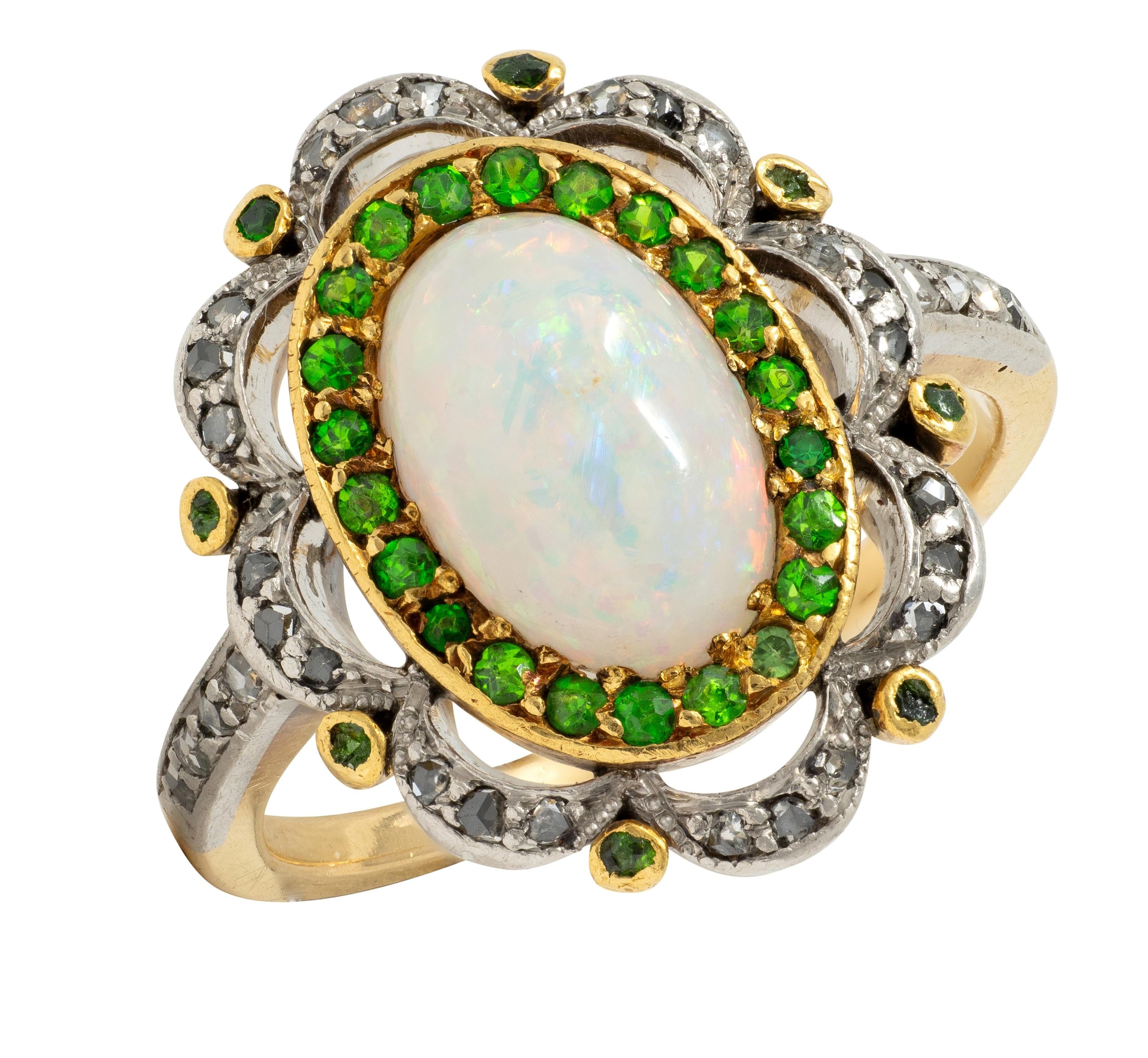 Edwardian Opal Diamond Demantoid Garnet Platinum 18K Gold Antique Cluster Ring