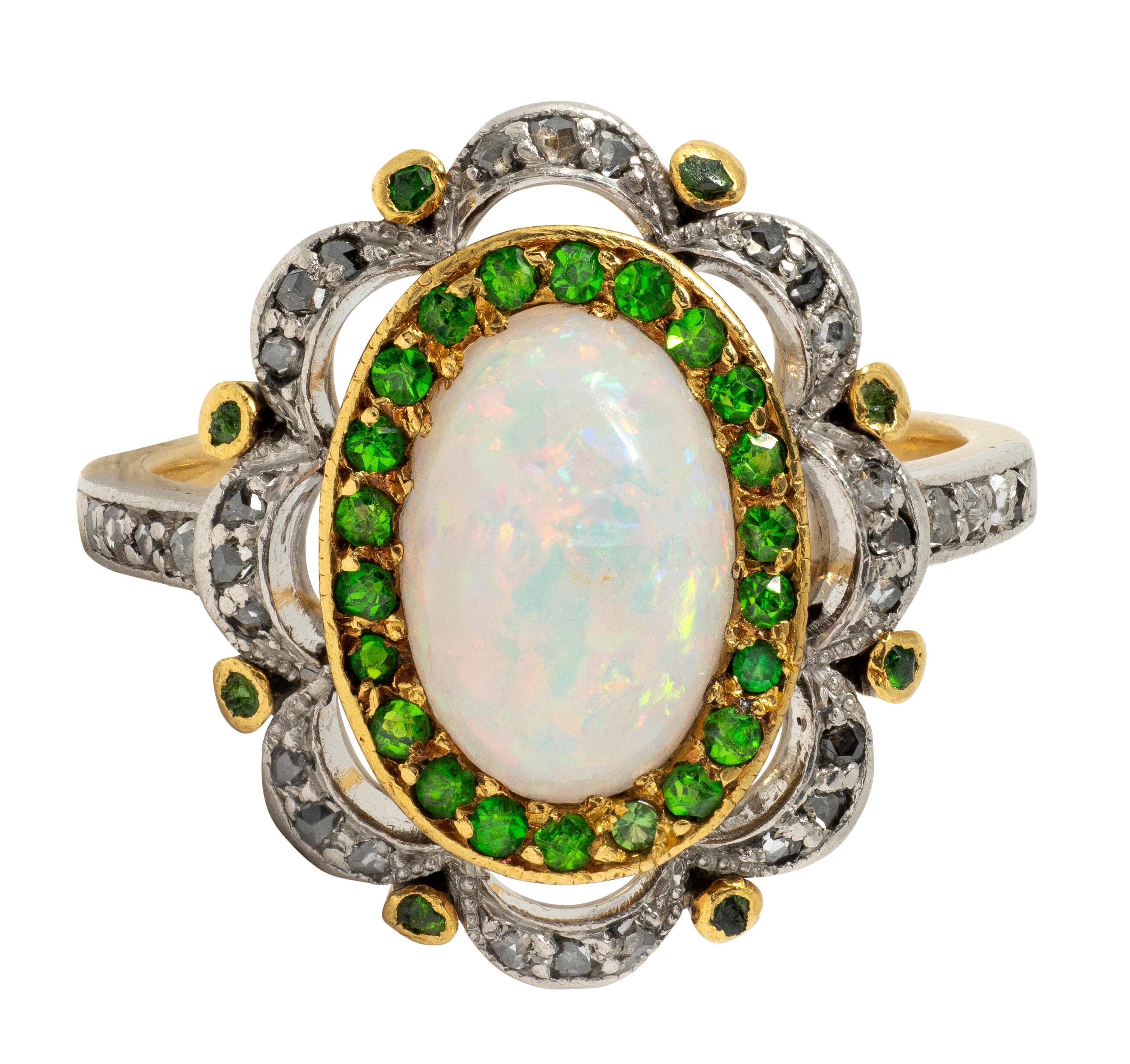 Edwardian Opal Diamond Demantoid Garnet Platinum 18K Gold Antique Cluster Ring