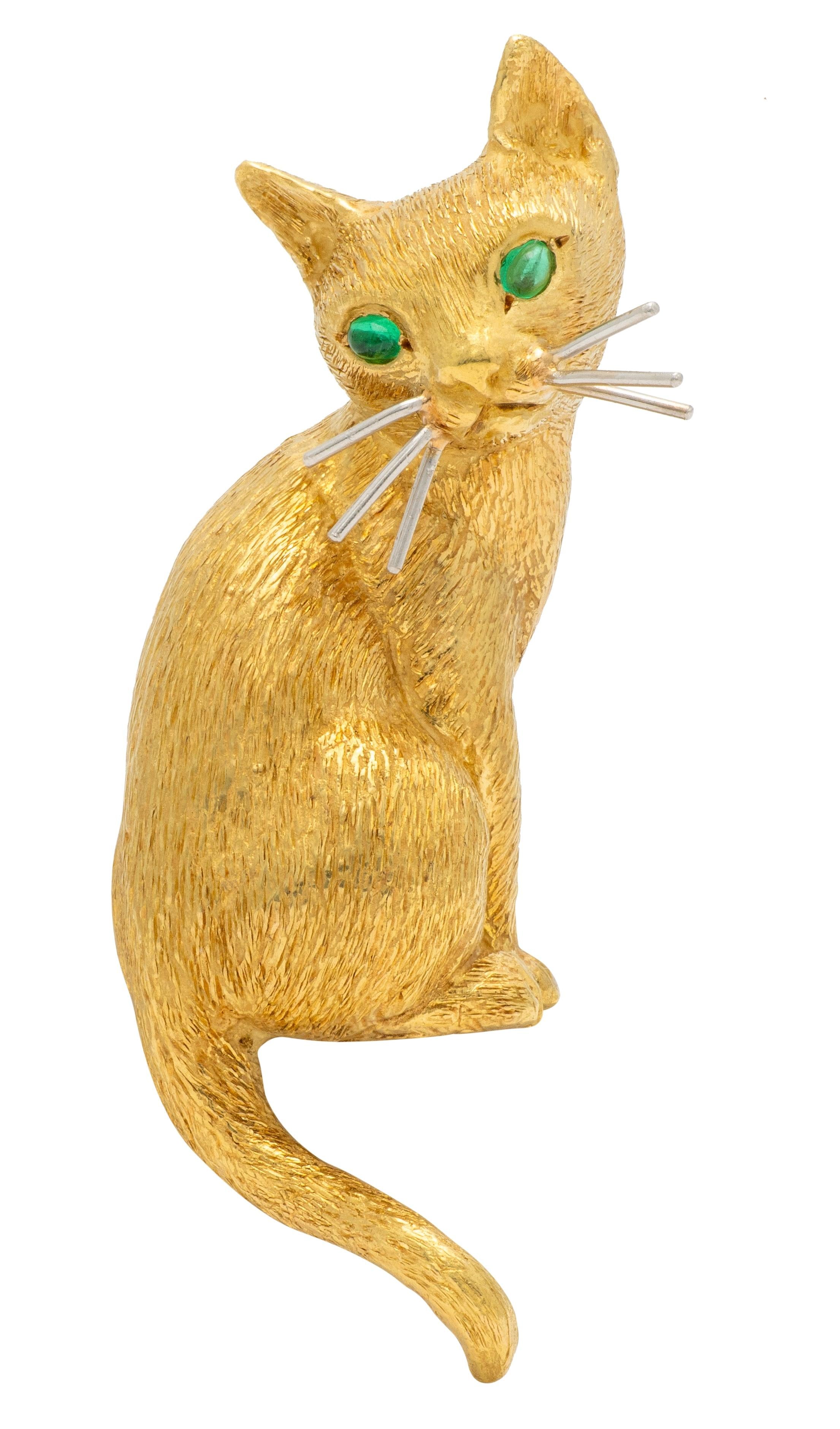 Tiffany & Co. 1960's Emerald Platinum 18 Karat Yellow Gold Vintage Cat Brooch