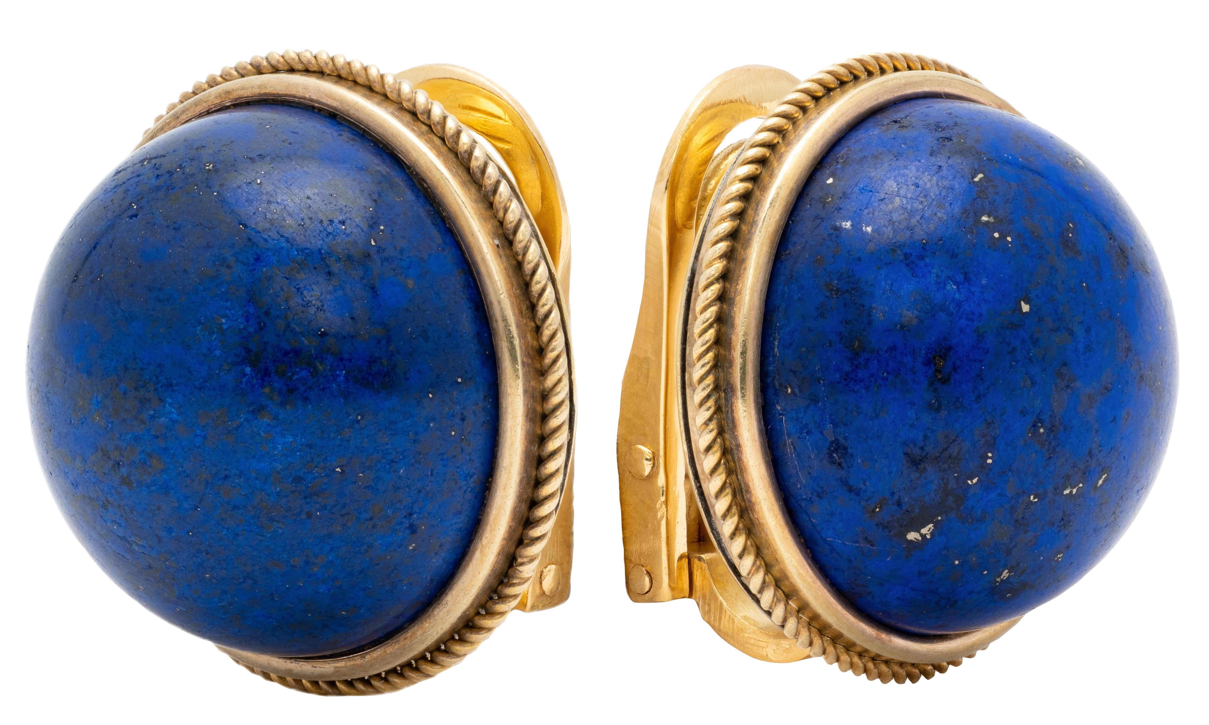 1960's Lapis Lazuli 14 Karat Yellow Gold Vintage Button Ear-Clip Earrings