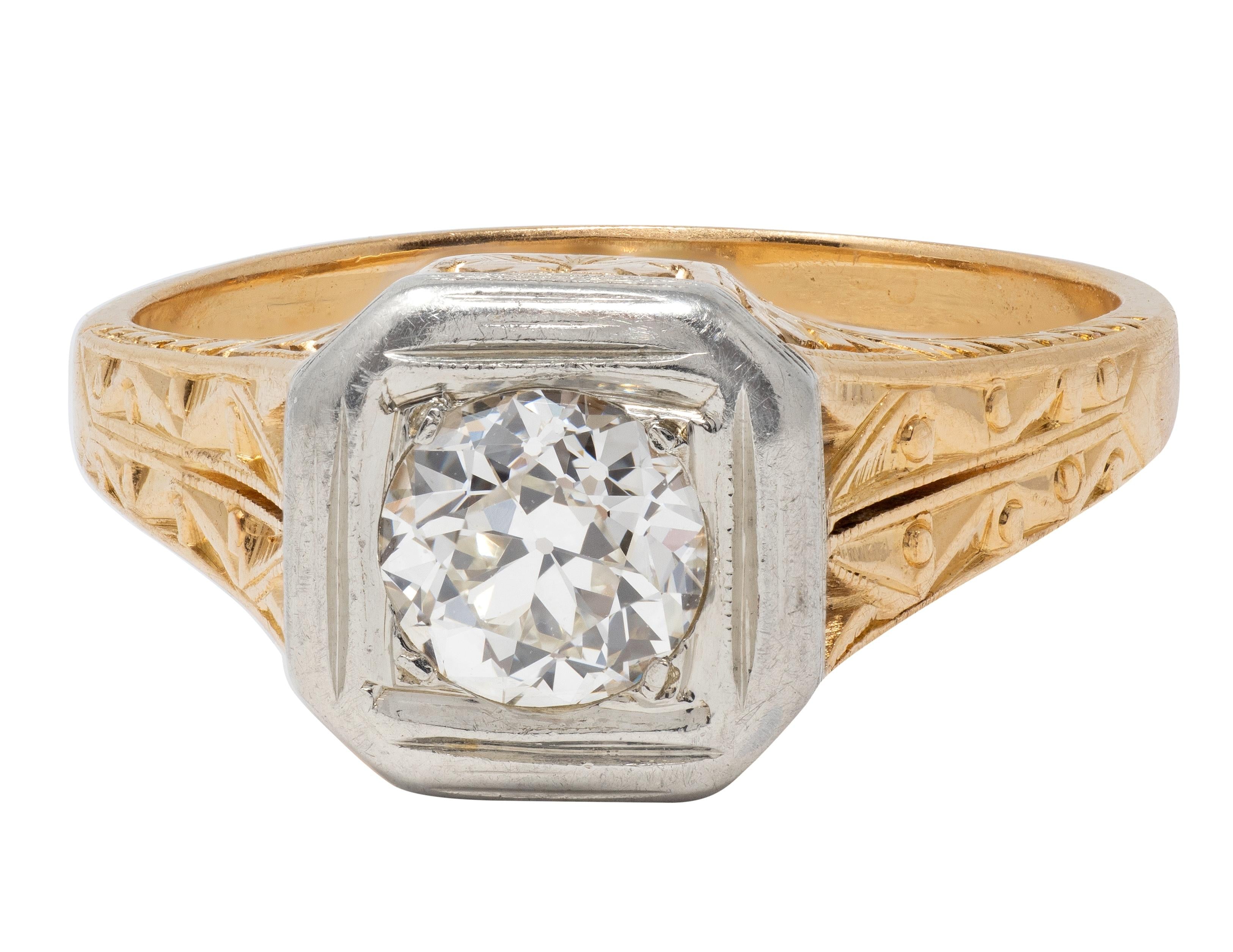 Art Deco Old European Cut Diamond 18K Gold Vintage Foliate Engagement Ring
