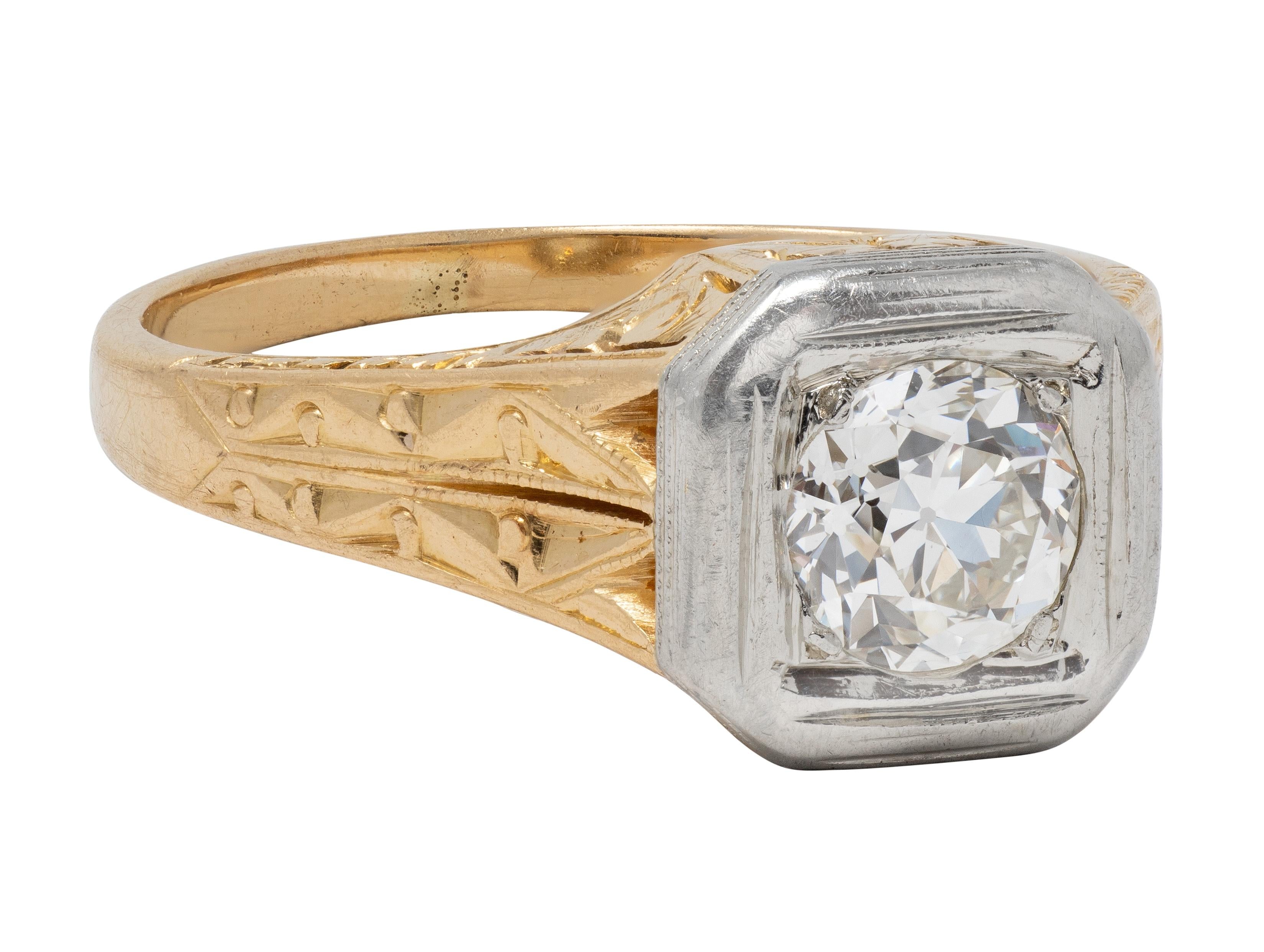 Art Deco Old European Cut Diamond 18K Gold Vintage Foliate Engagement Ring