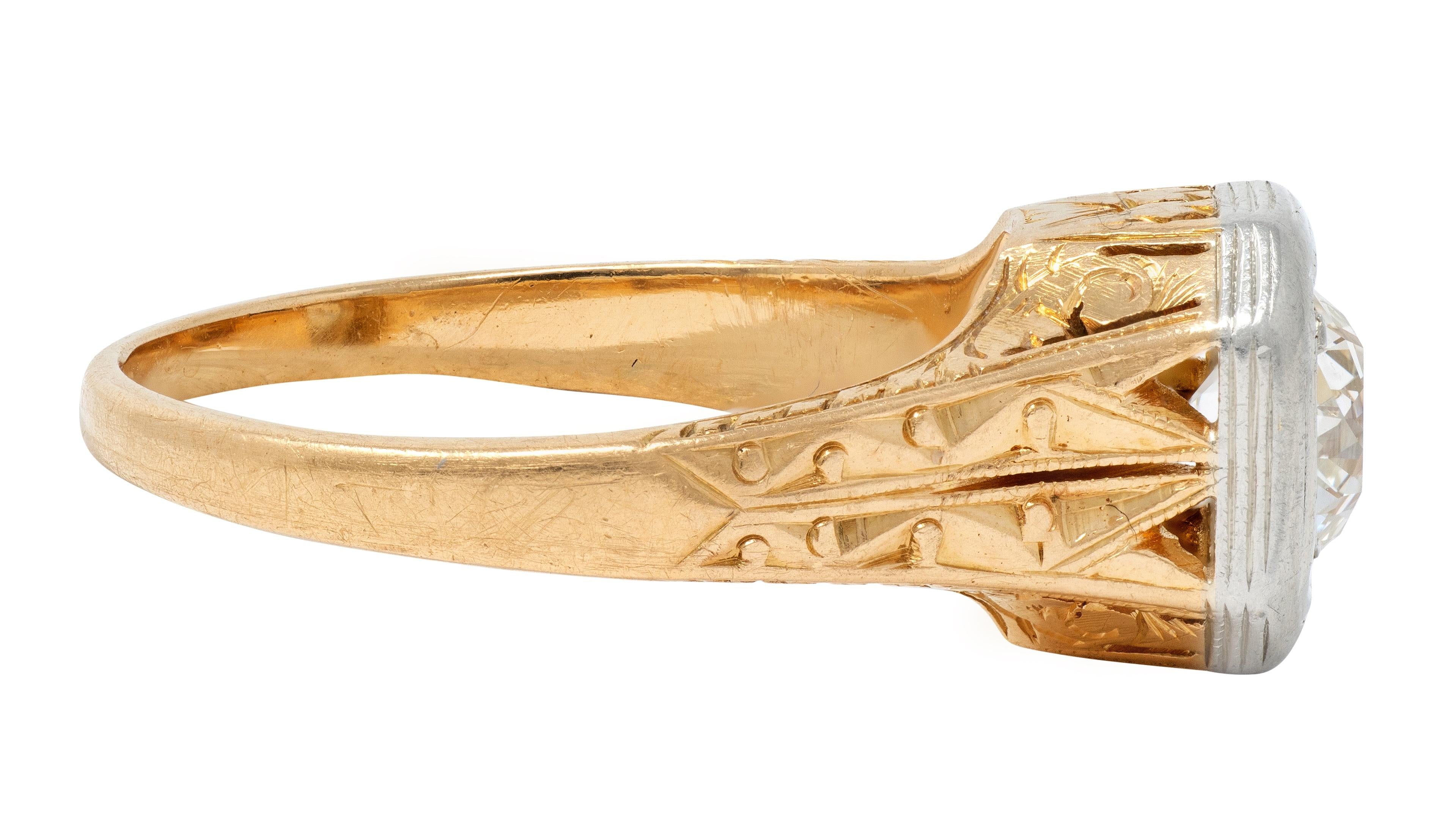 Art Deco Old European Cut Diamond 18K Gold Vintage Foliate Engagement Ring