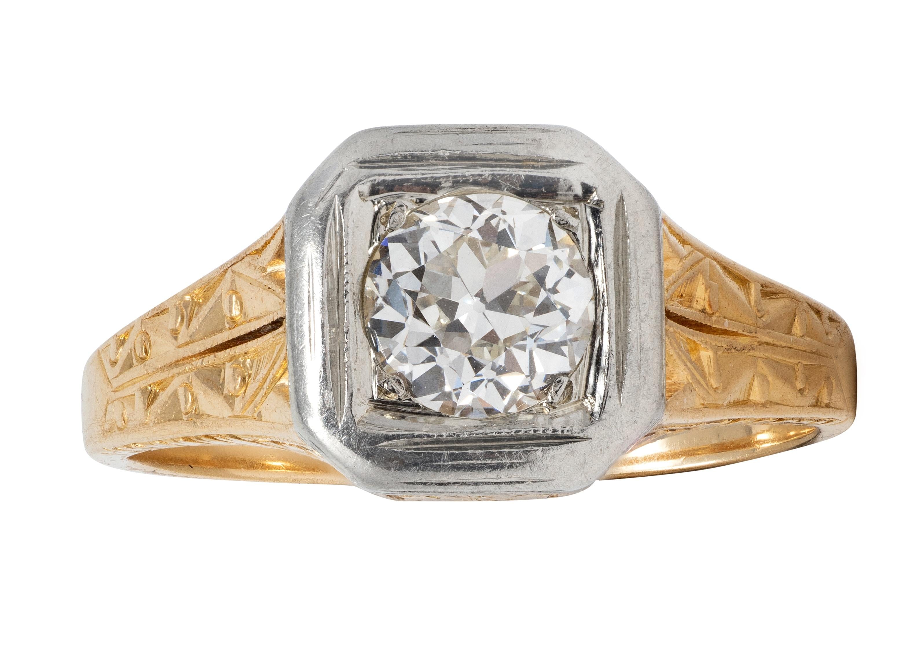 Art Deco Old European Cut Diamond 18K Gold Vintage Foliate Engagement Ring