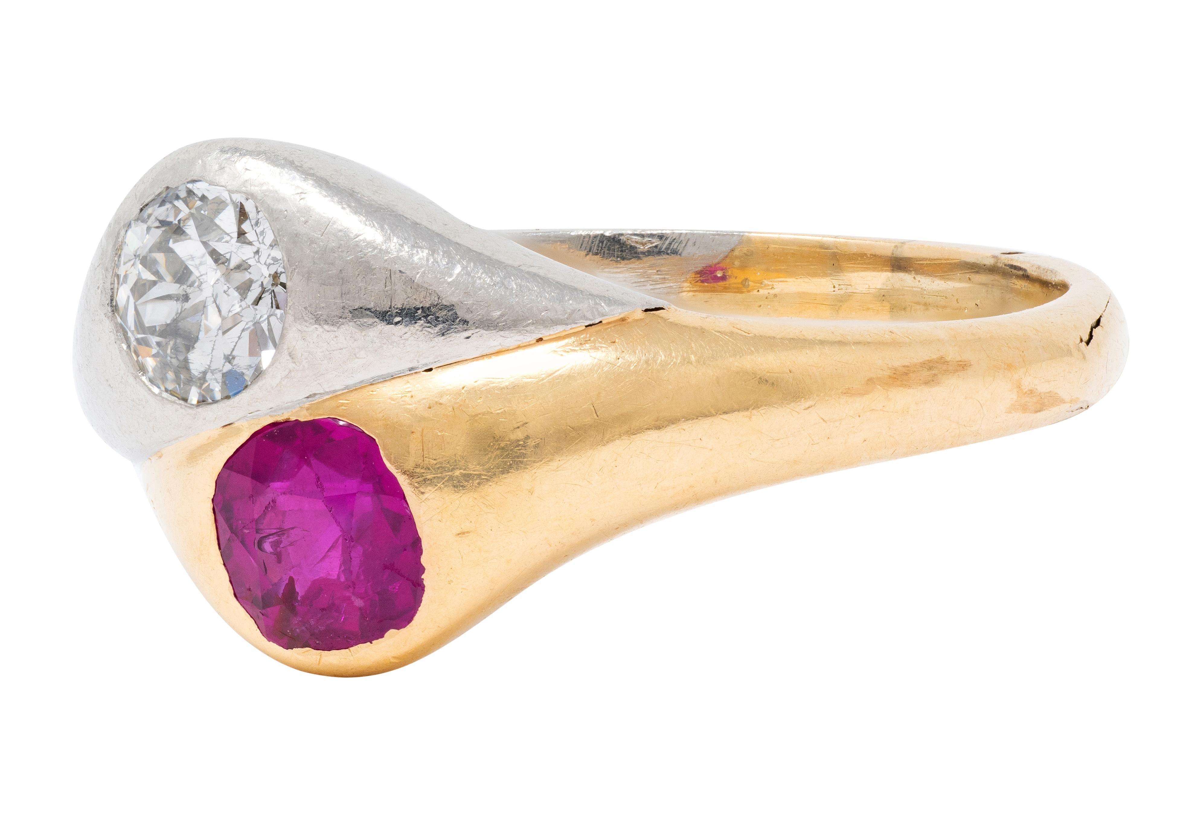 1960 1.03 CTW Ruby Diamond Platinum 14 Karat Yellow Gold Vintage Toi-Et-Moi Ring