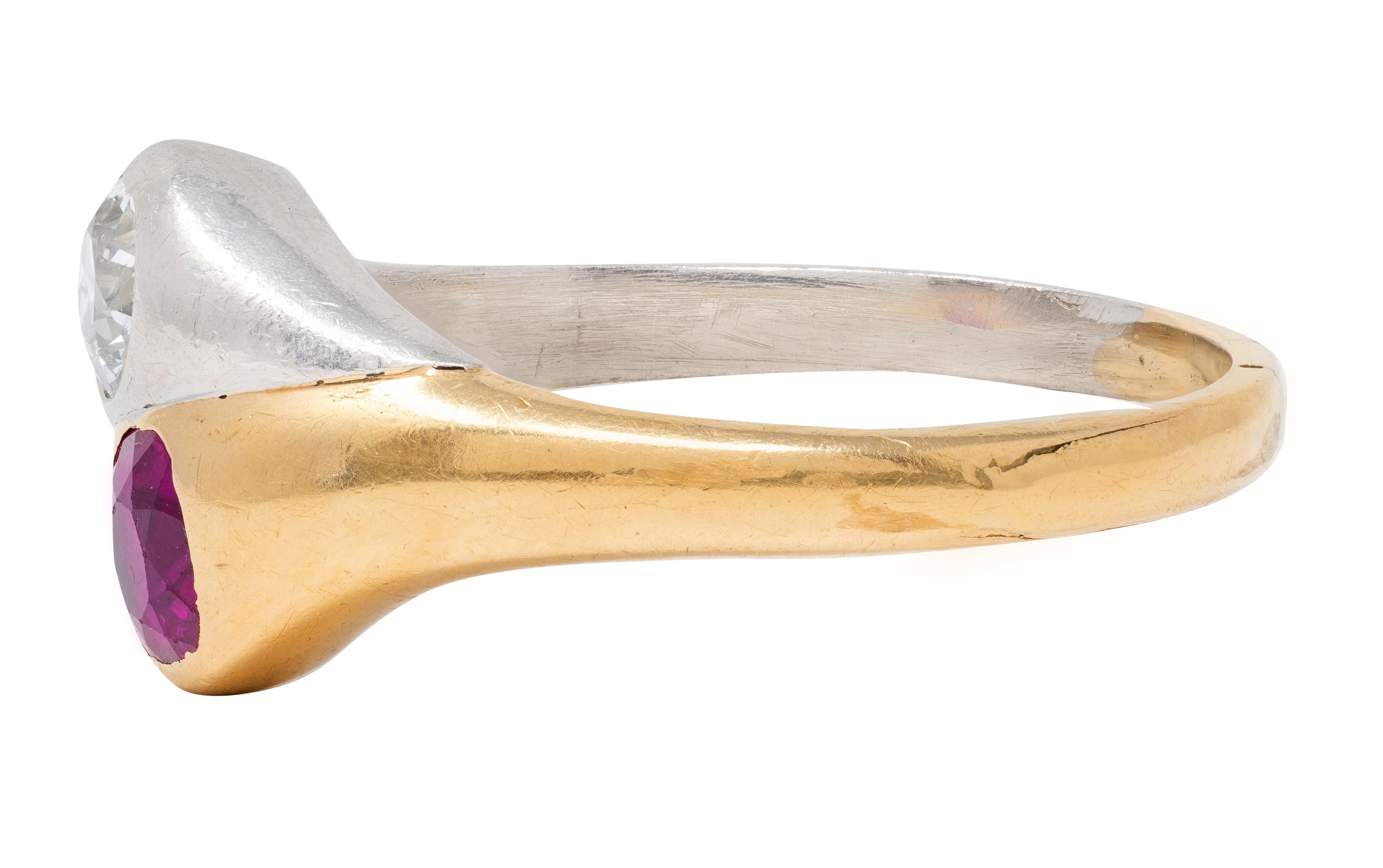 1960 1.03 CTW Ruby Diamond Platinum 14 Karat Yellow Gold Vintage Toi-Et-Moi Ring