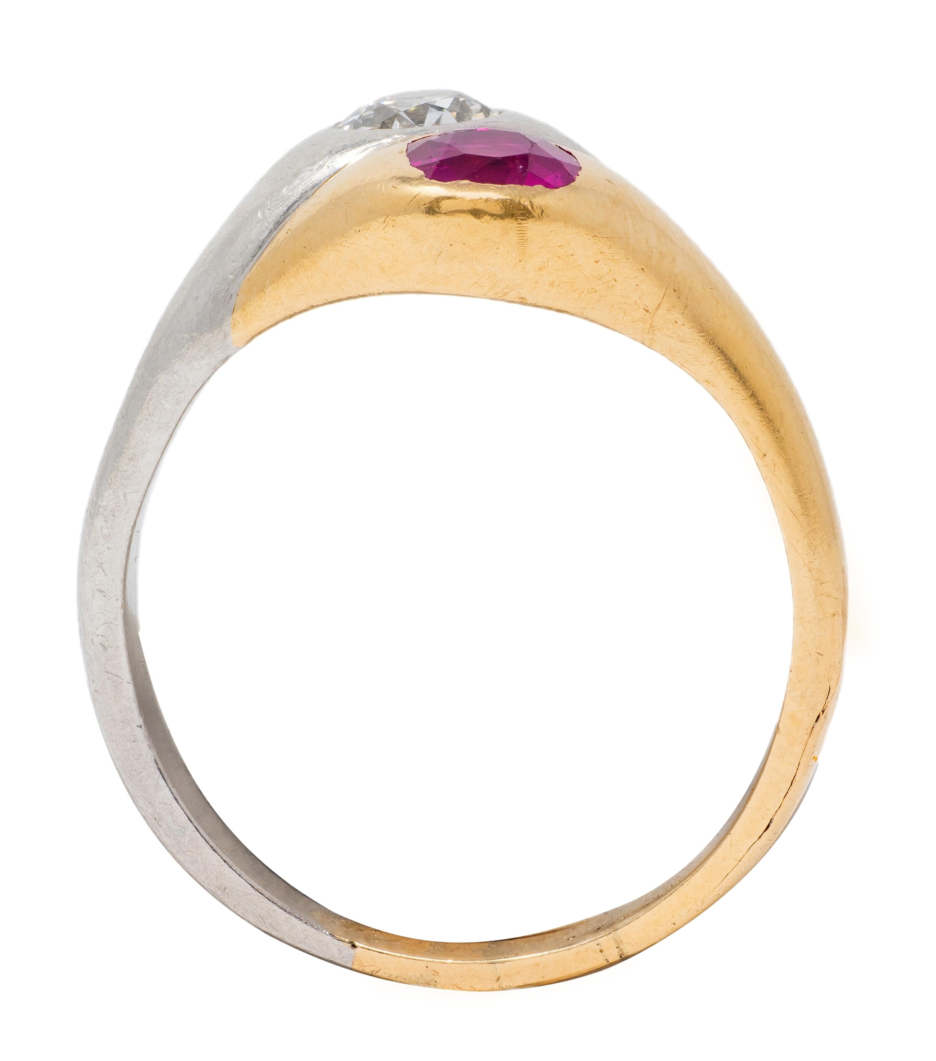 1960 1.03 CTW Ruby Diamond Platinum 14 Karat Yellow Gold Vintage Toi-Et-Moi Ring