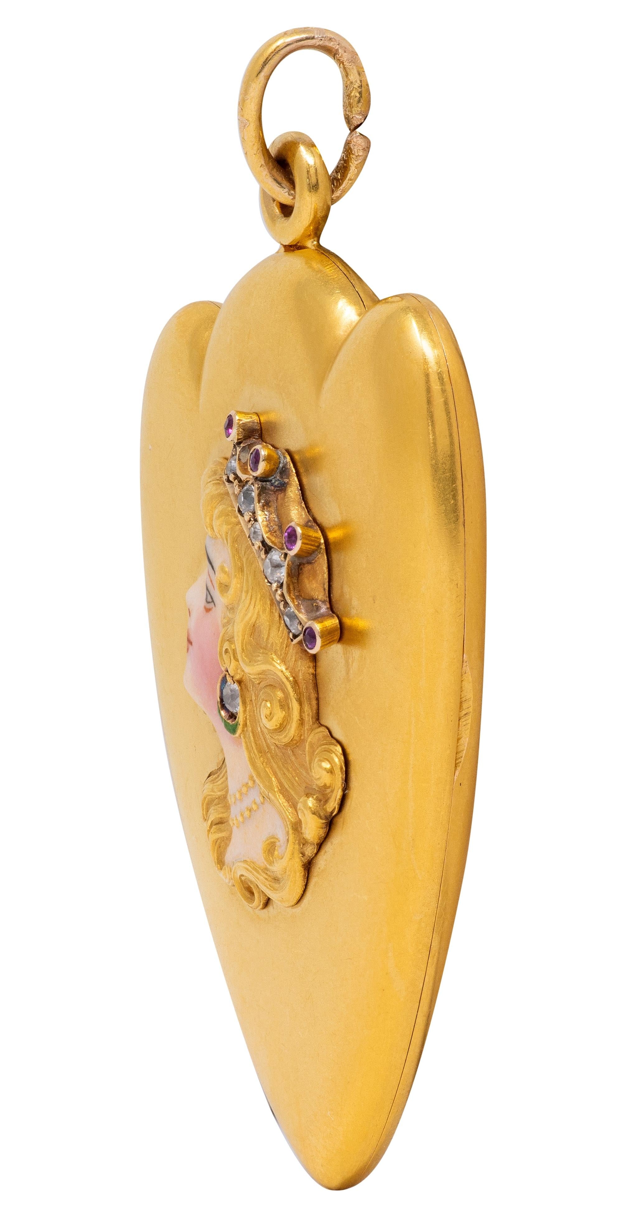 Art Nouveau Ruby Diamond Enamel 14K Yellow Gold Antique Princess Locket Pendant