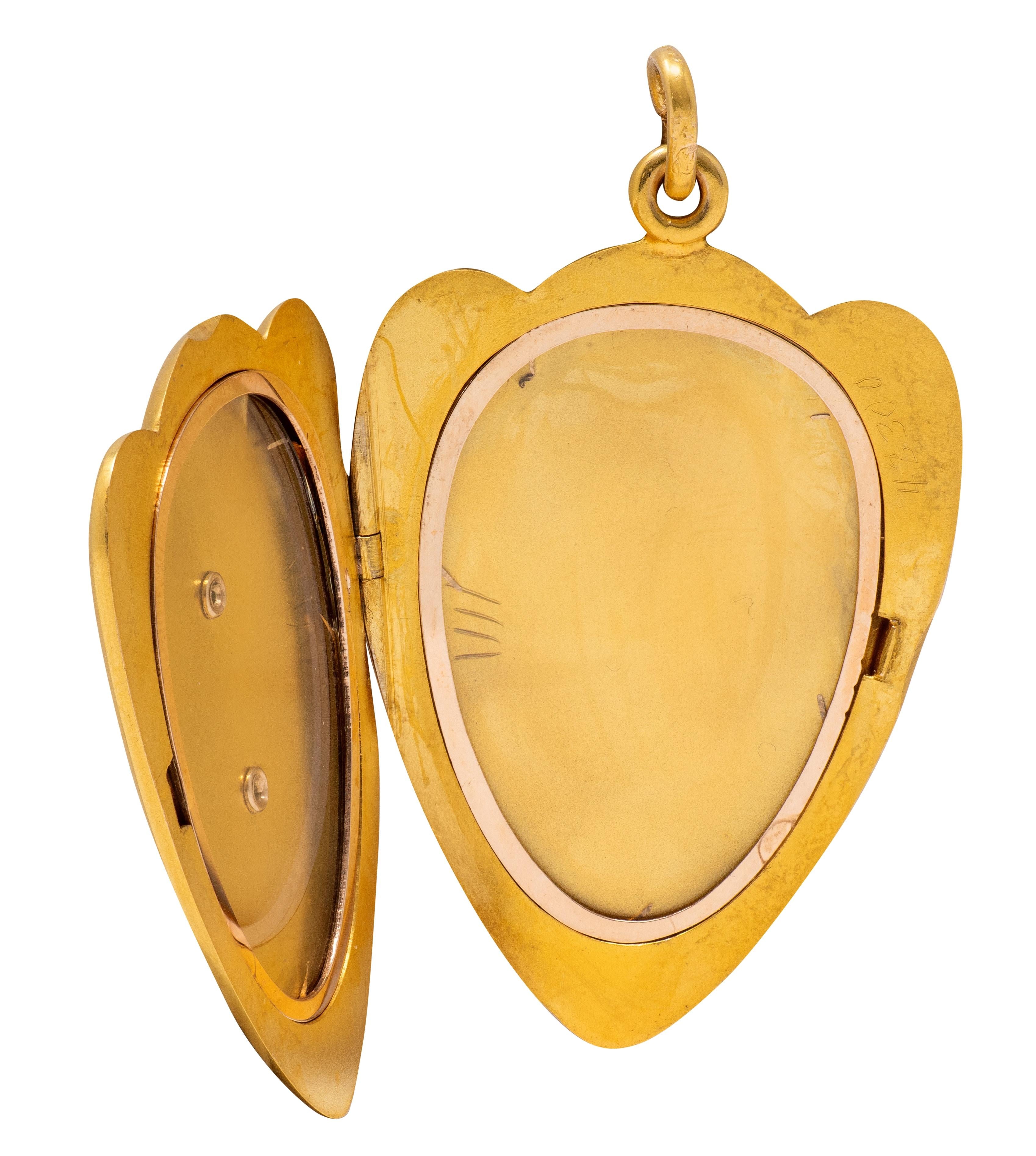 Art Nouveau Ruby Diamond Enamel 14K Yellow Gold Antique Princess Locket Pendant